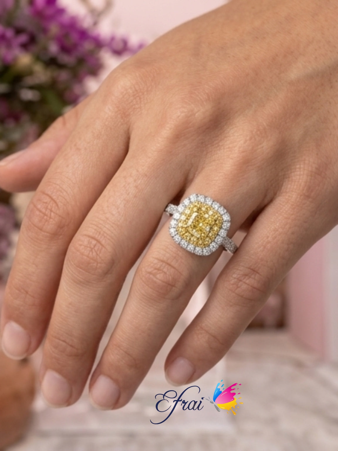 Natural Fancy Yellow cushion diamond ring