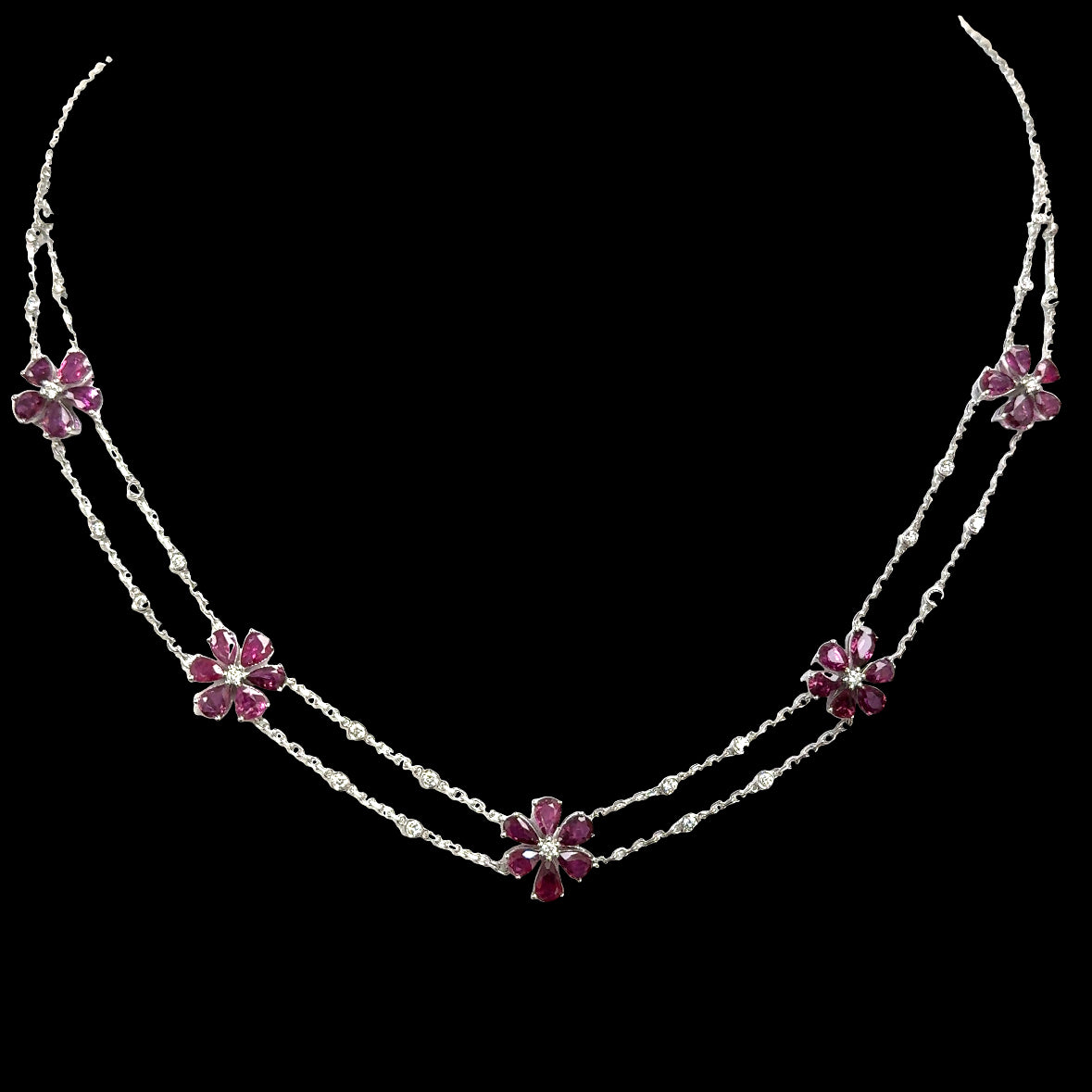 Natural red rubies flowers motif and diamonds necklace
