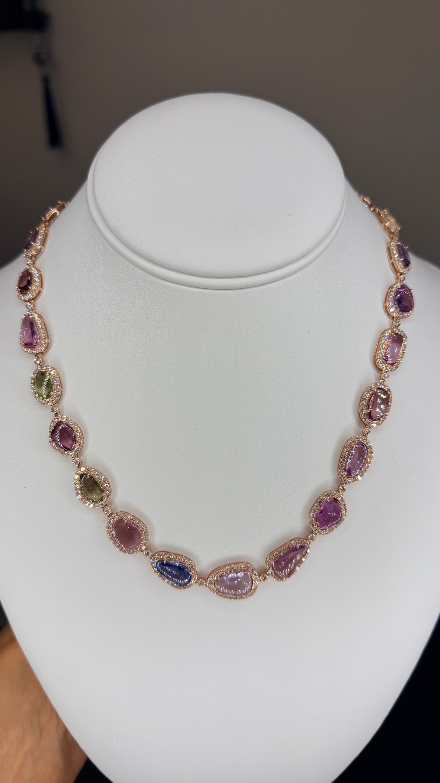 14K Rose Gold Necklace with certified Natural mixed colors sapphires Cabochons and diamonds