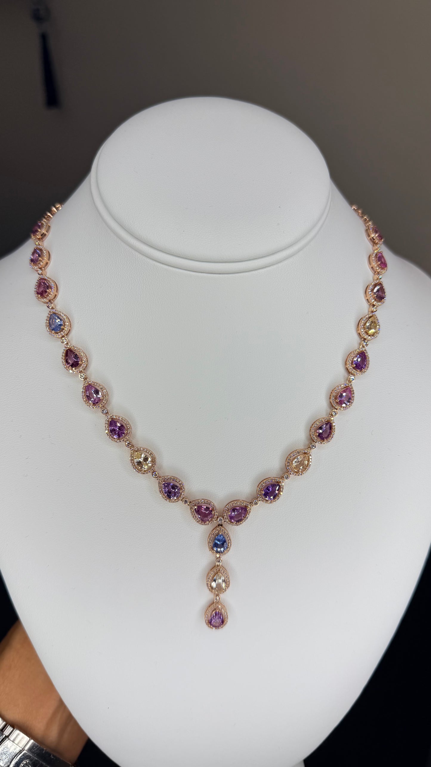 18k Rose Gold Necklace with Natural mixed colors Pear-Shaped Sapphires and diamonds