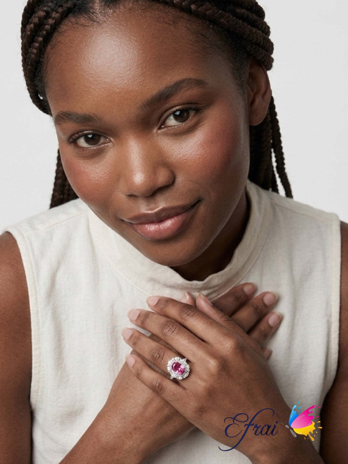 Natural Vivid Pink Sapphire Double Halo Cocktail Ring — White Gold