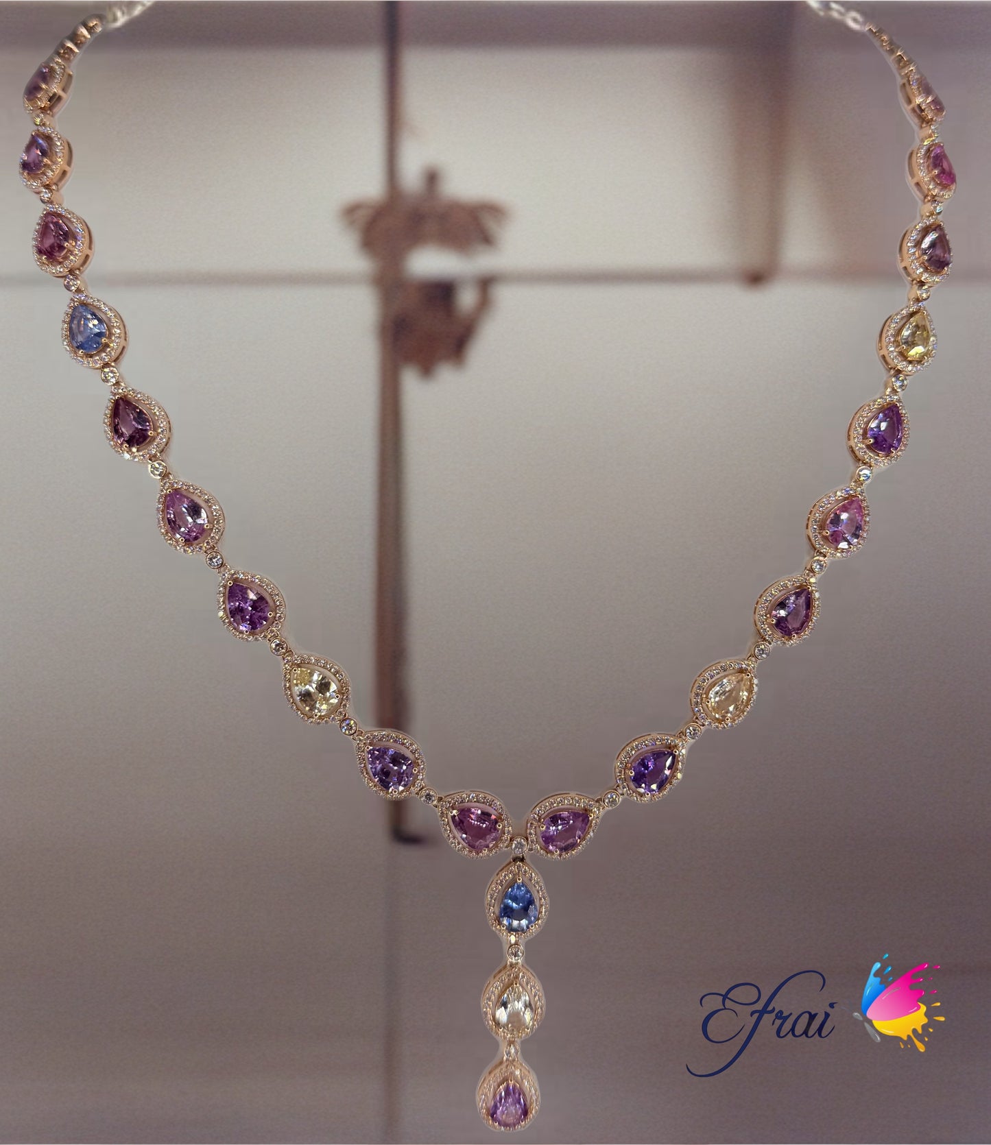 18k Rose Gold Necklace with Natural mixed colors Pear-Shaped Sapphires and diamonds