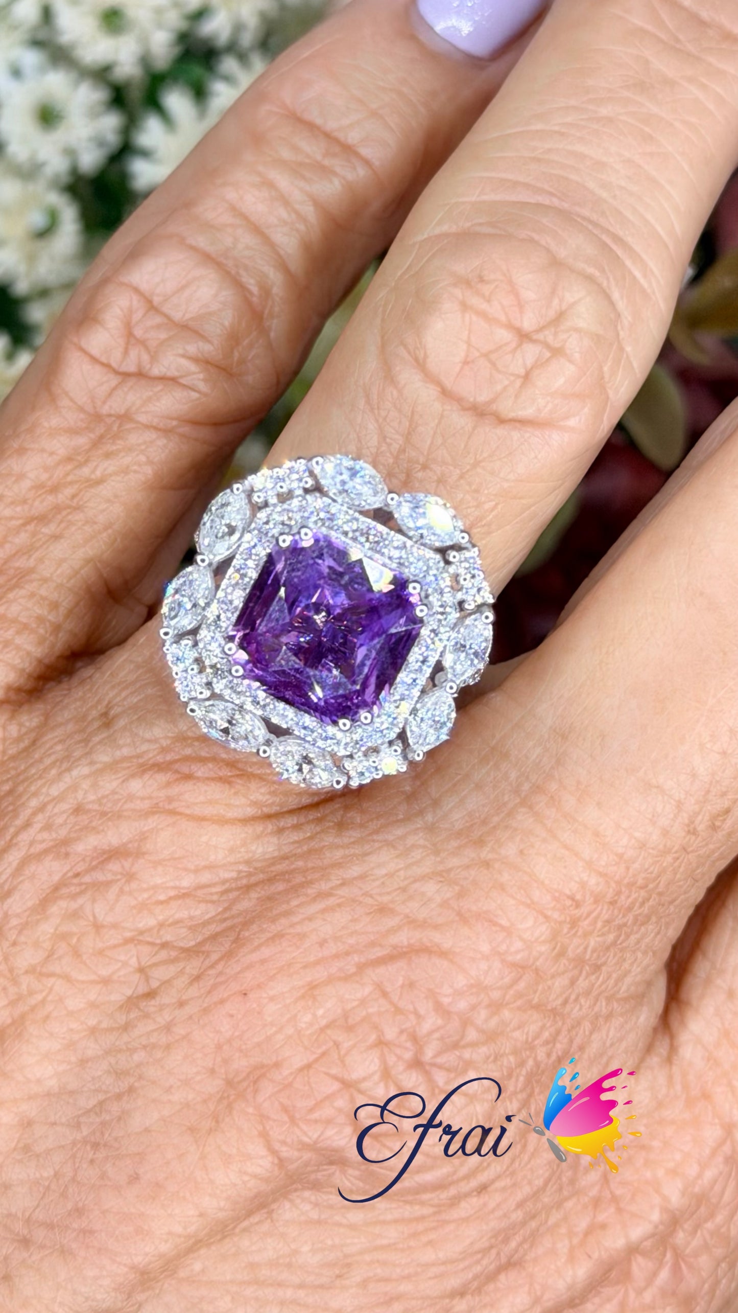 Certified non heated natural purple sapphire Double Halo Cocktail Ring in White Gold