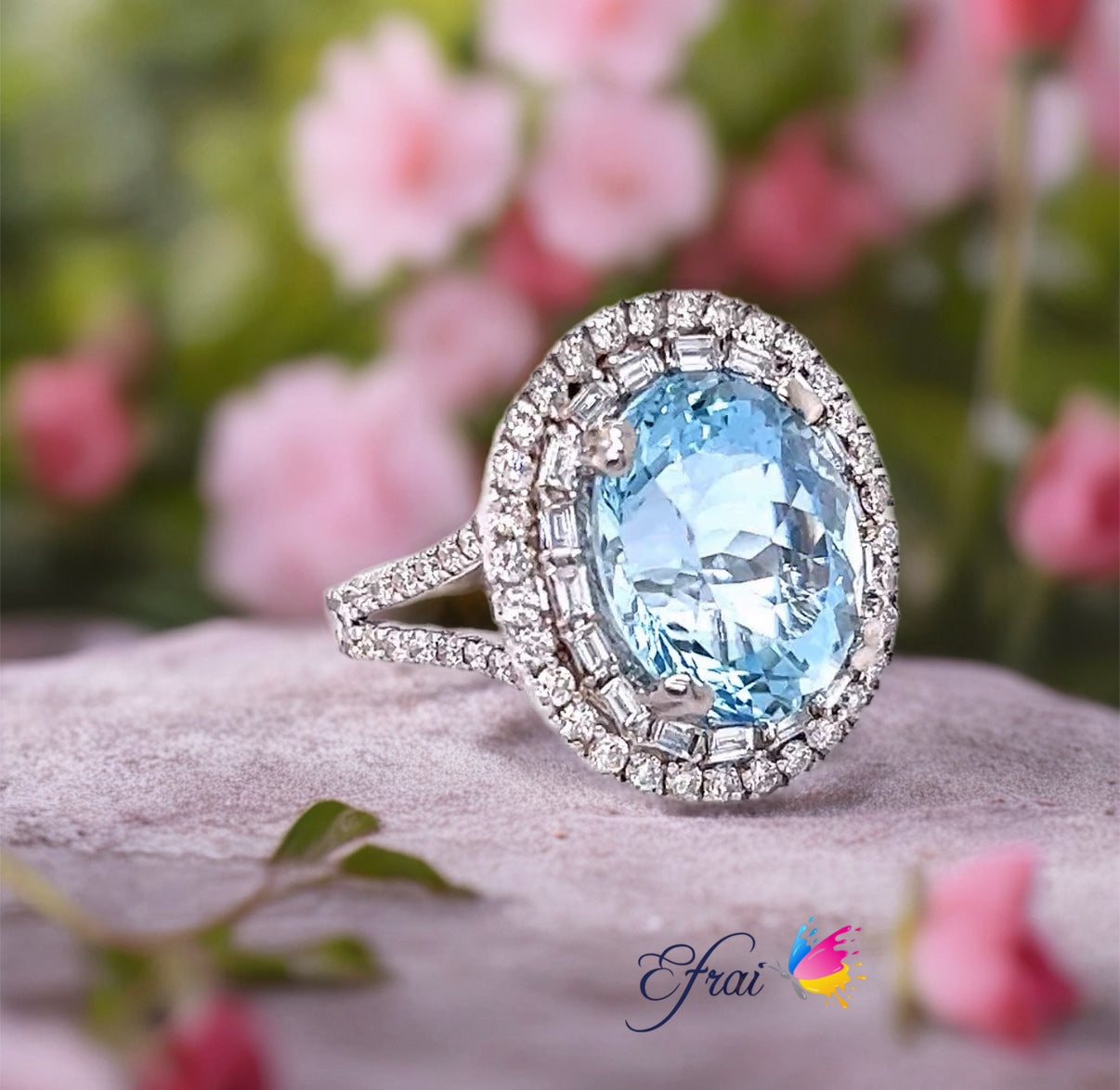 GIA natural aquamarine and diamonds ring