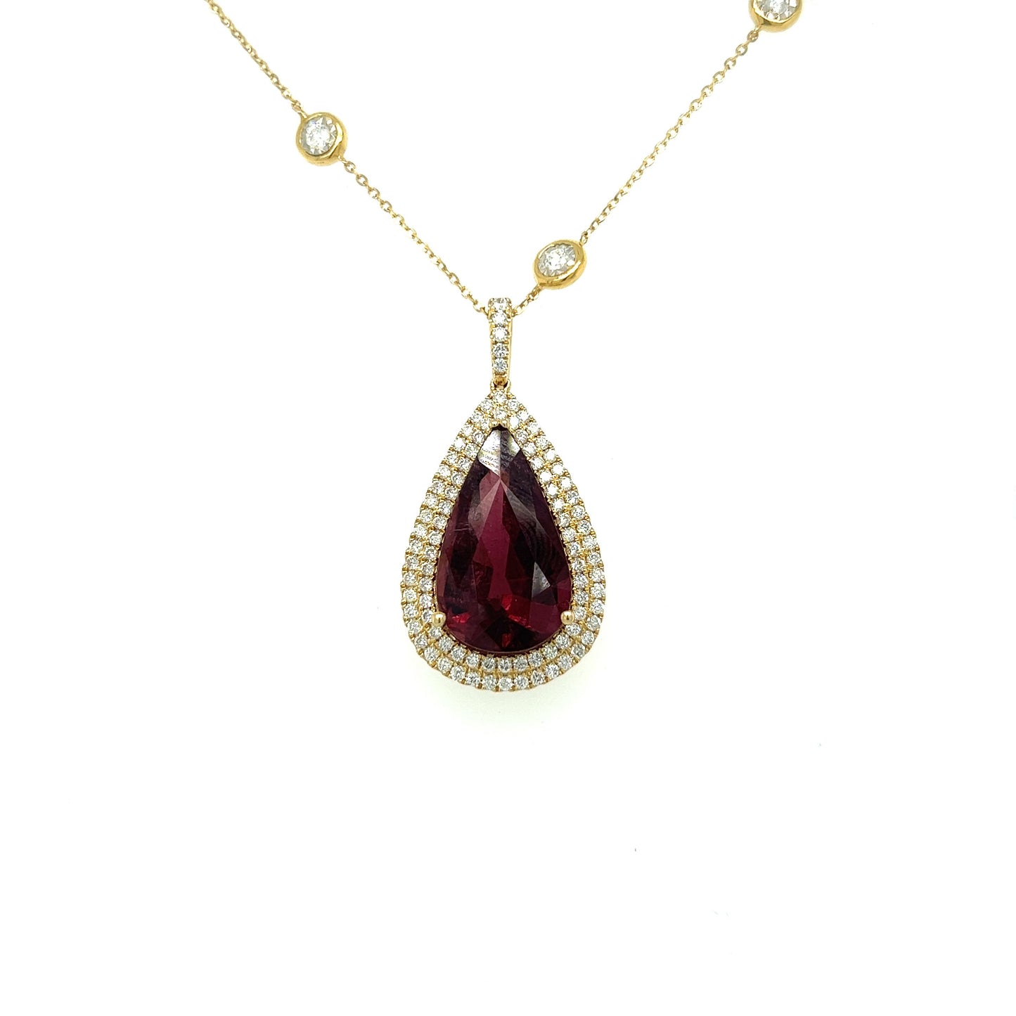Natural big pear shaped deep red tourmaline and diamonds necklace
