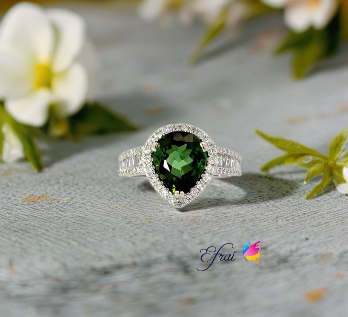 Natural pear shape Mint green tourmaline and diamonds ring