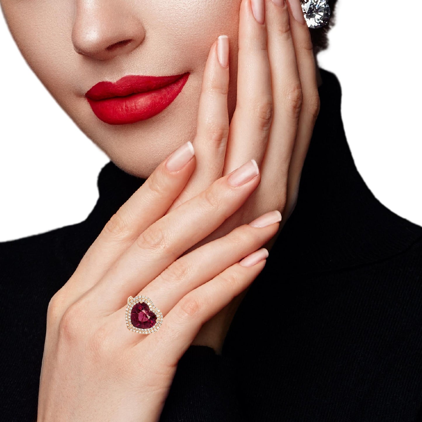 Garnet heart red and diamonds ring
