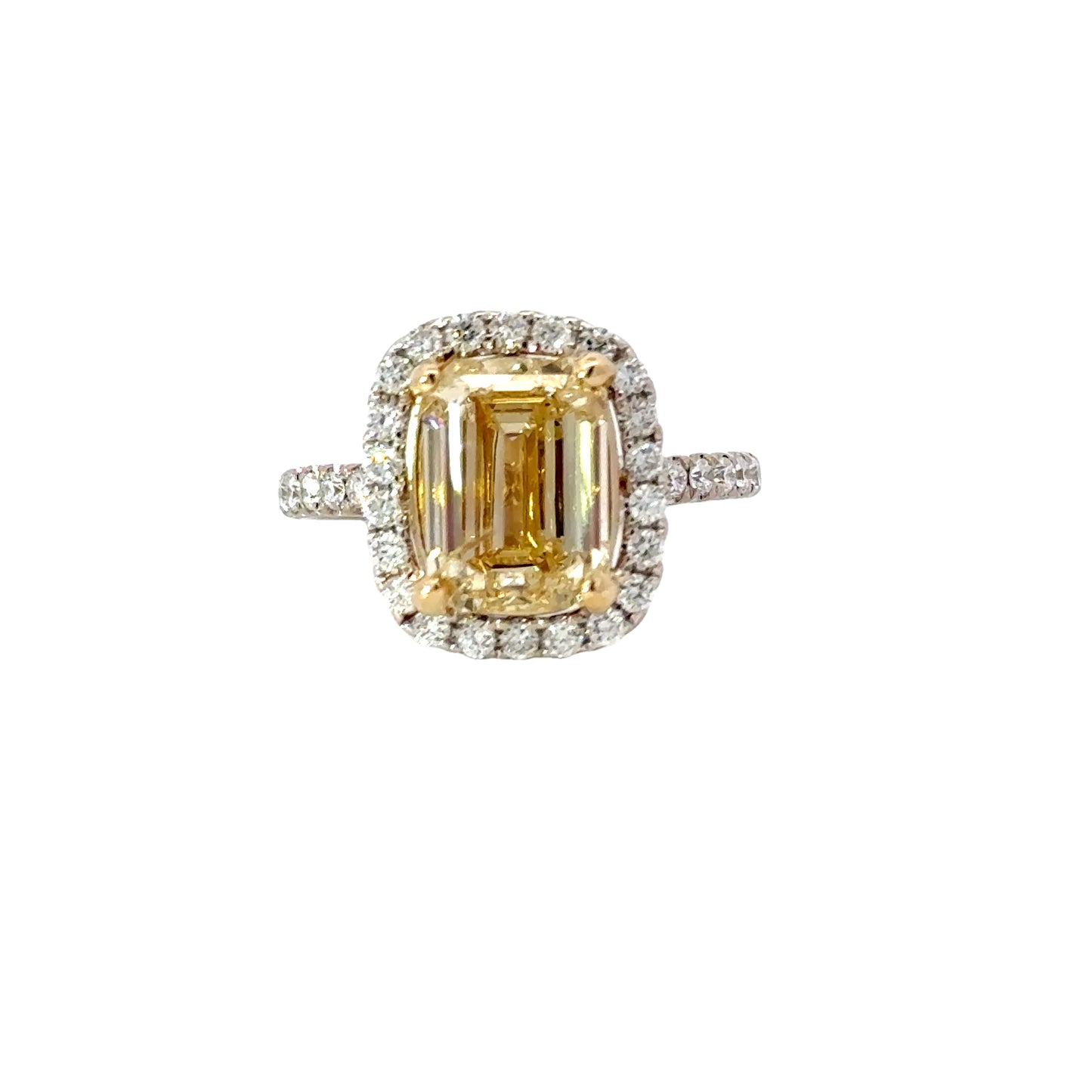 CGL certified Emerald cut fancy yellow and diamonds ring