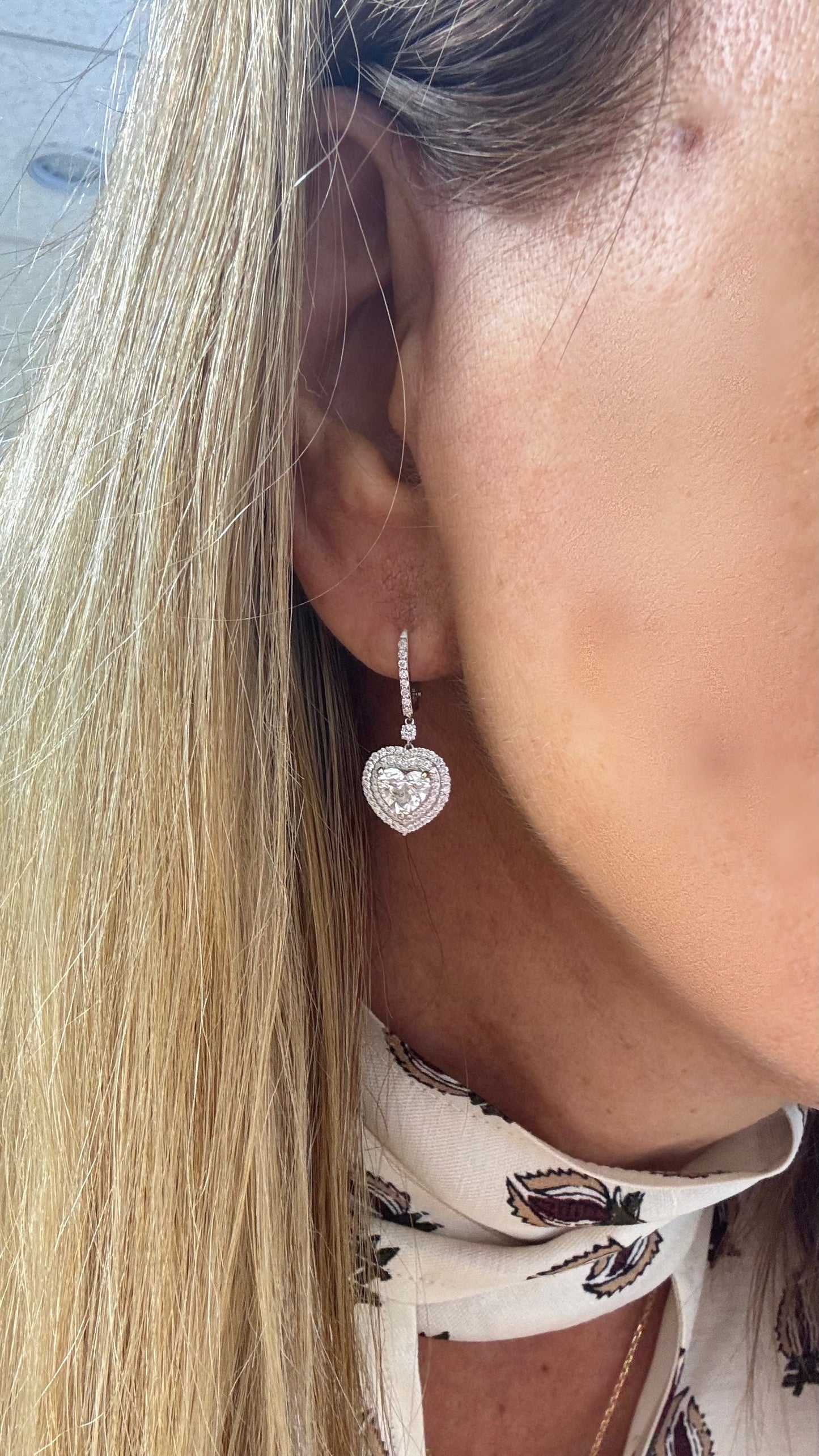GIA Natural Heart shaped diamonds dangling earrings in 18K