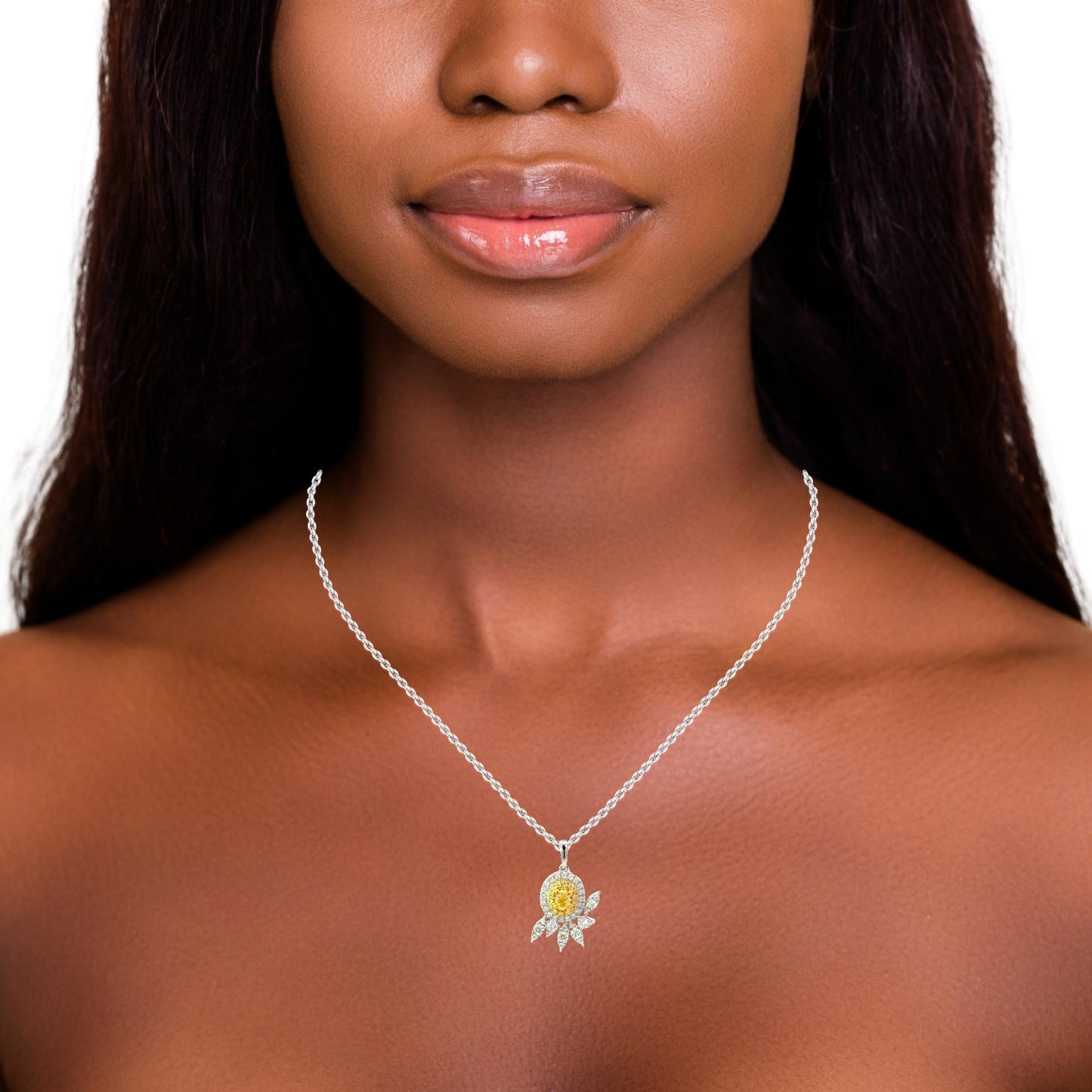 Natural Fancy Yellow oval  Diamond White Gold Pendant Necklace