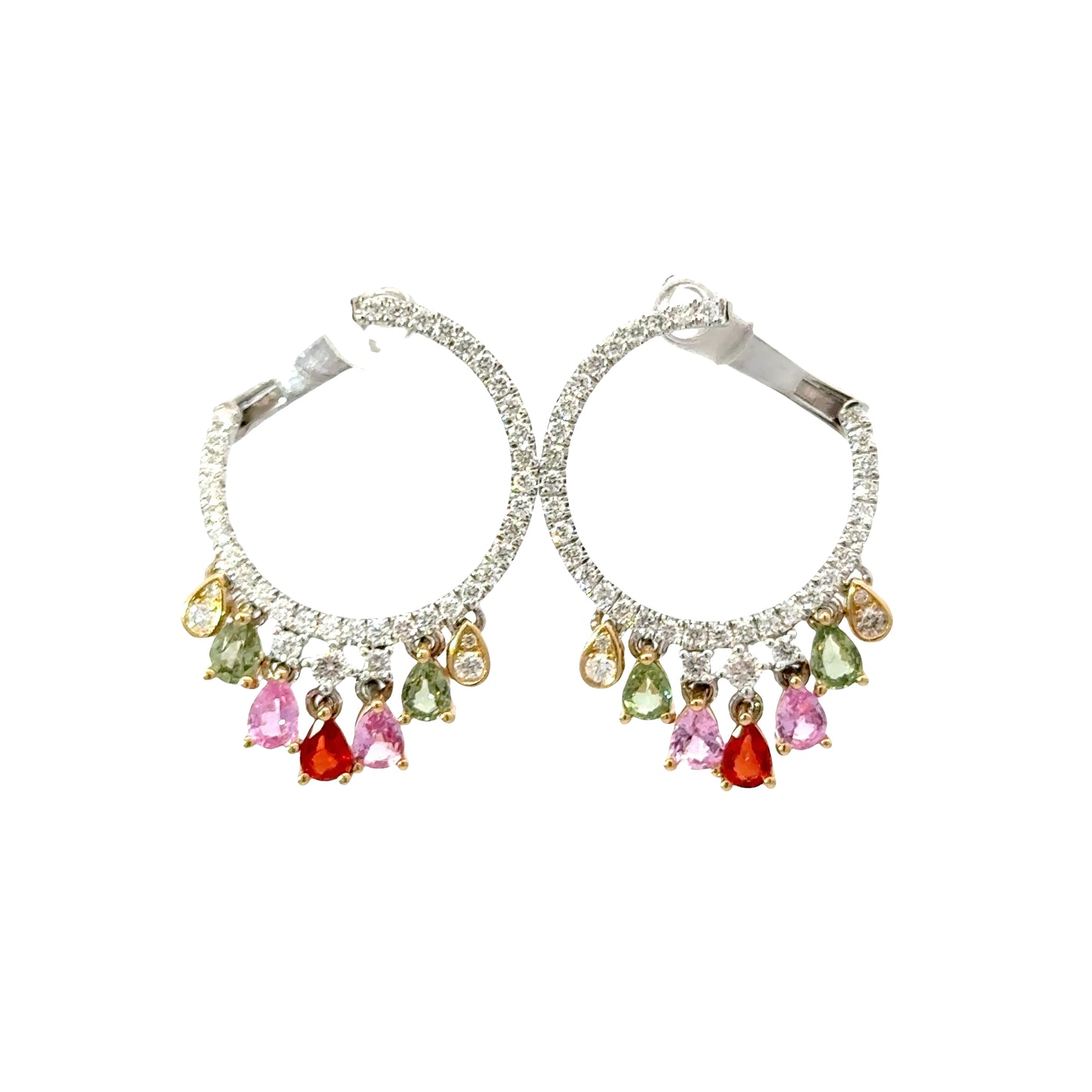 14K White Gold Hoop Earrings with Natural Diamonds and Pear Sapphires Drops