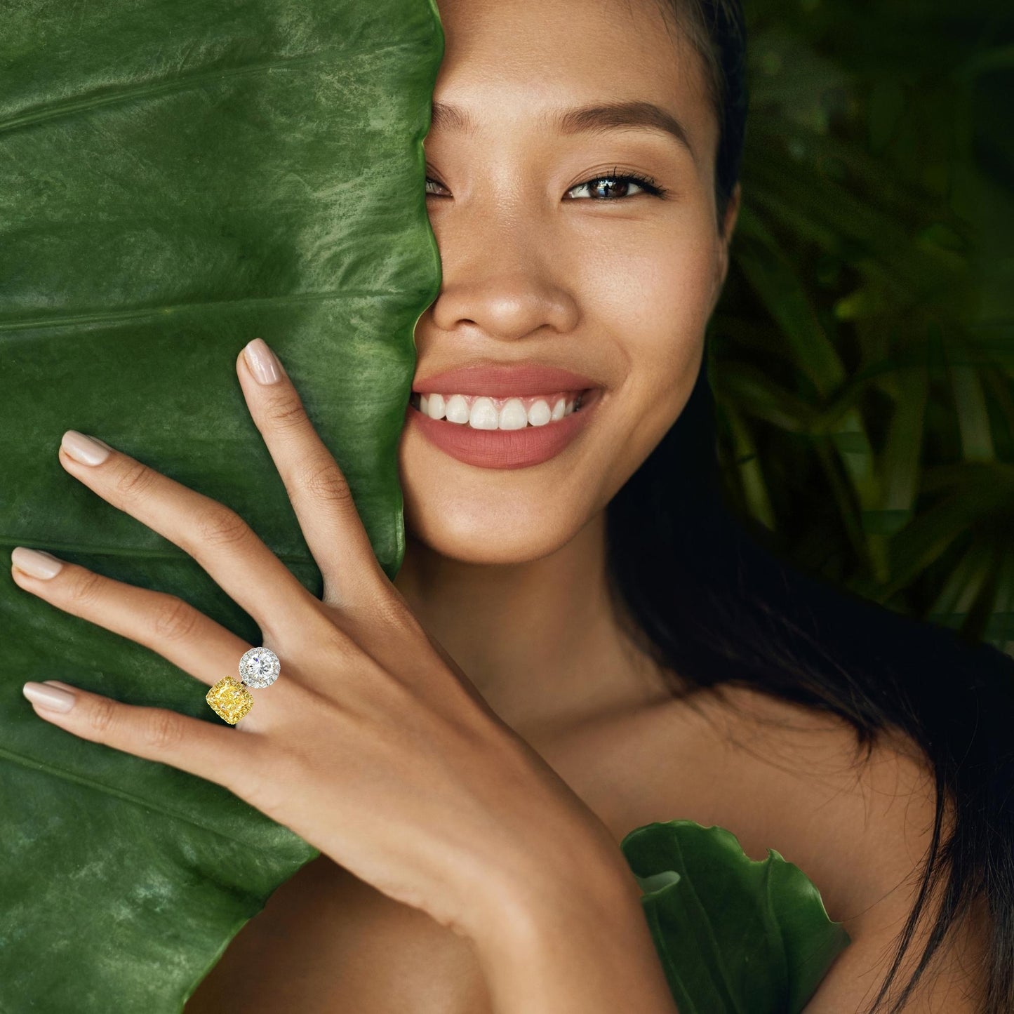 GIA Natural Fancy Yellow Cushion Cut and GIA Natural Round diamonds ring