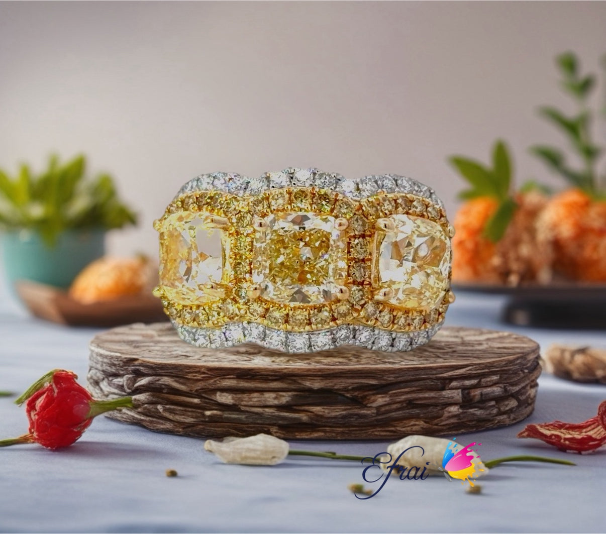 18K White and Yellow Gold Cushion Diamond Halo Ring