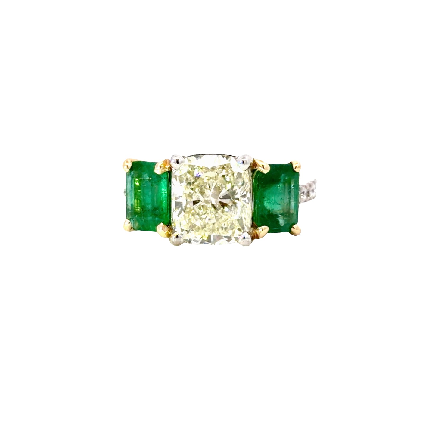 Natural Cushion Diamond and Emerald in 18K White and Yellow Gold Ring