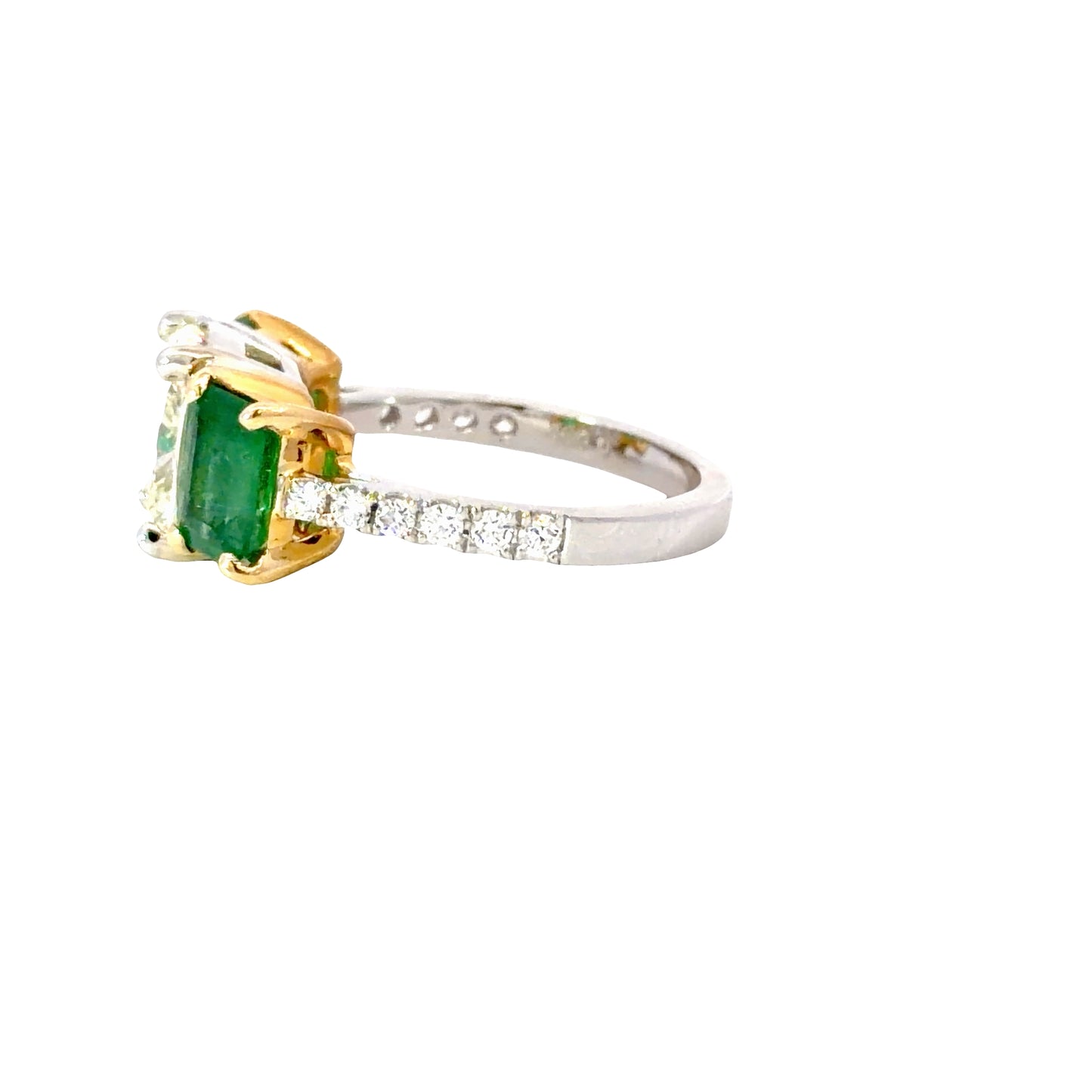 Natural Cushion Diamond and Emerald in 18K White and Yellow Gold Ring