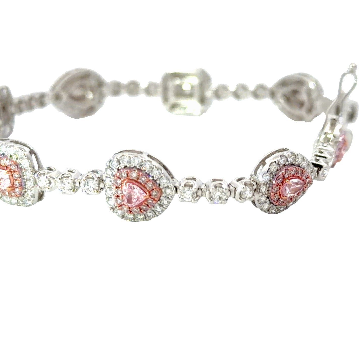 Natural Fancy Pink Heart and Cushion Brilliant Diamond Tennis Bracelet in 18K White Gold