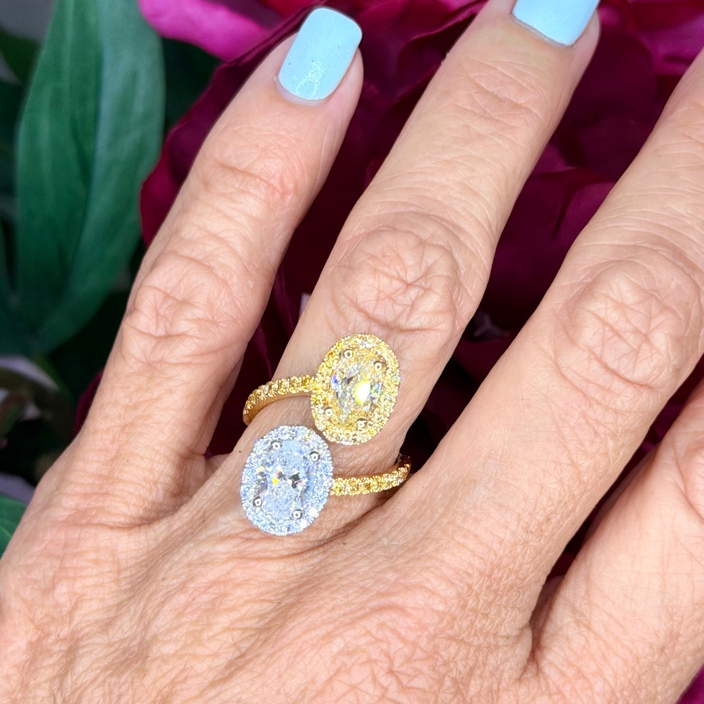 Natural GIA Oval Fancy Yellow and White Diamond Toi et Moi Bypass Halo Ring in 18k White and Yellow Gold