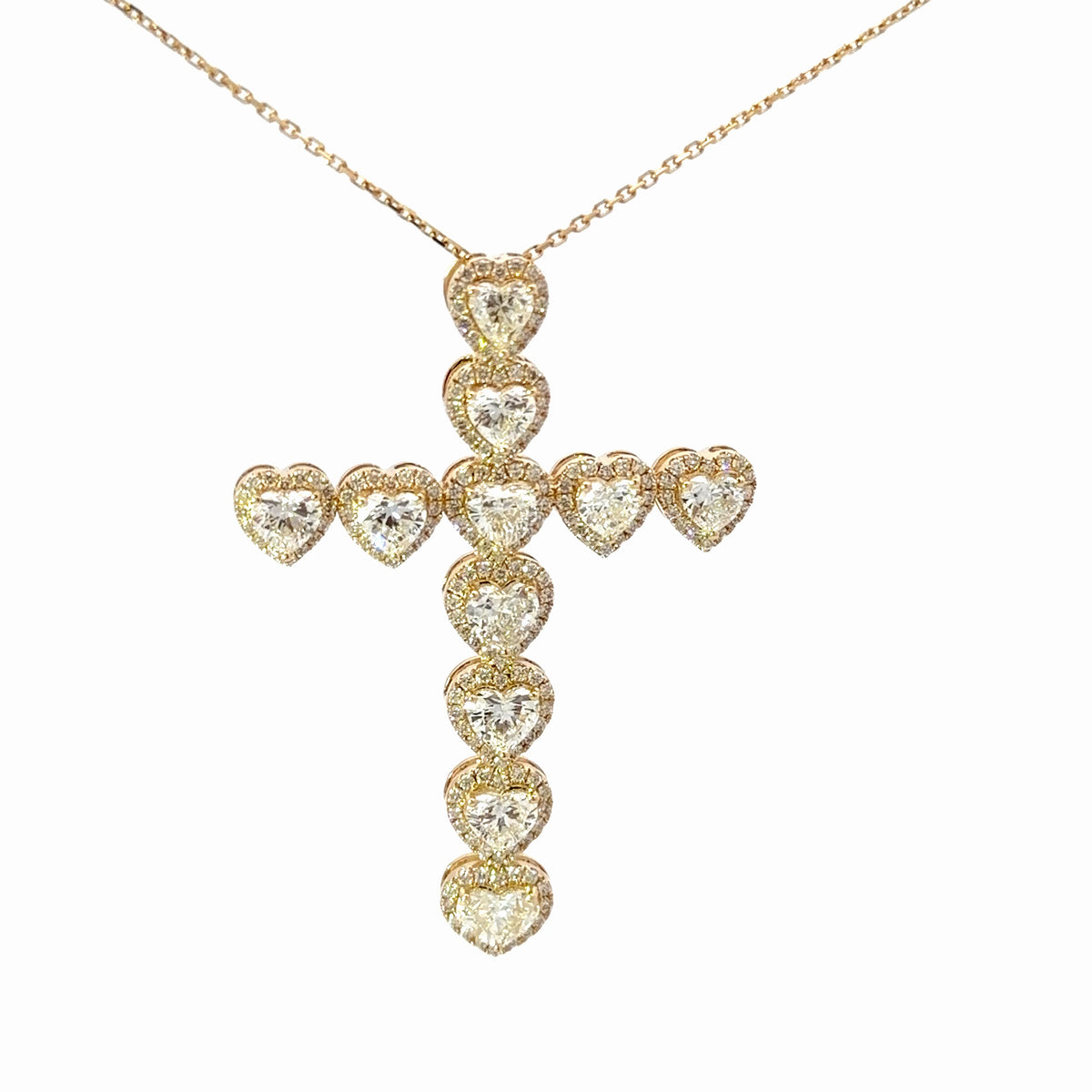 Heart-Shaped Diamond Halo Cross Pendant in Yellow Gold