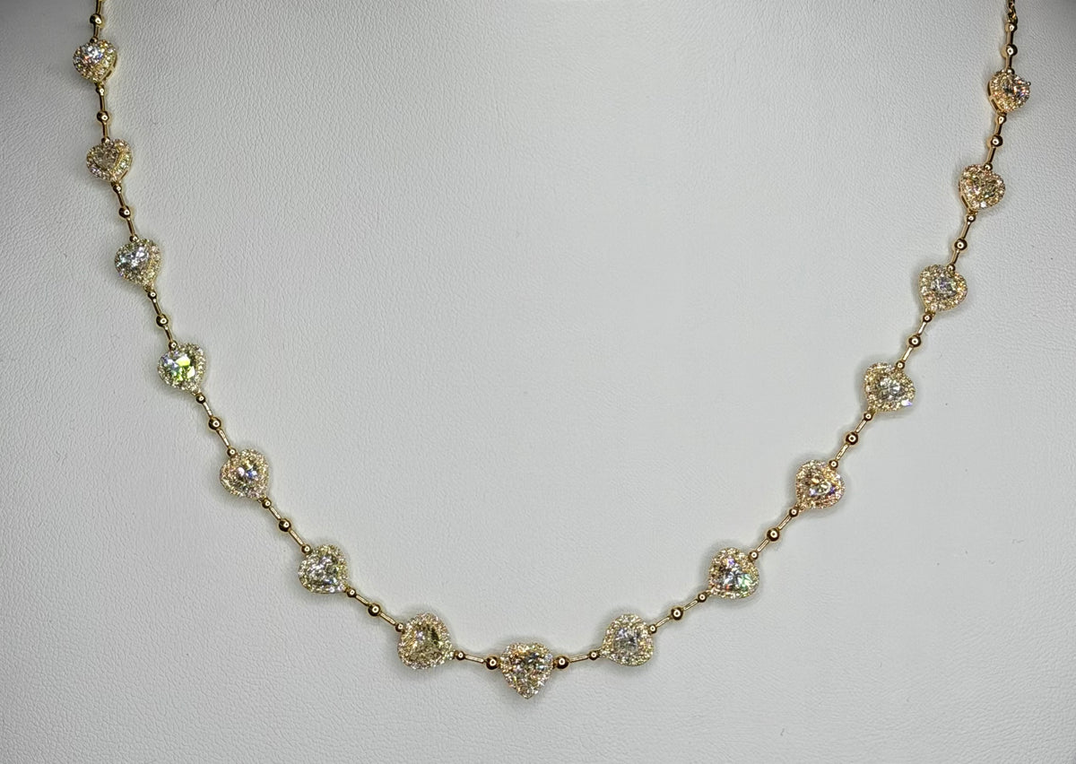 Yellow Gold natural Heart shaped Diamonds Station Chain Necklace