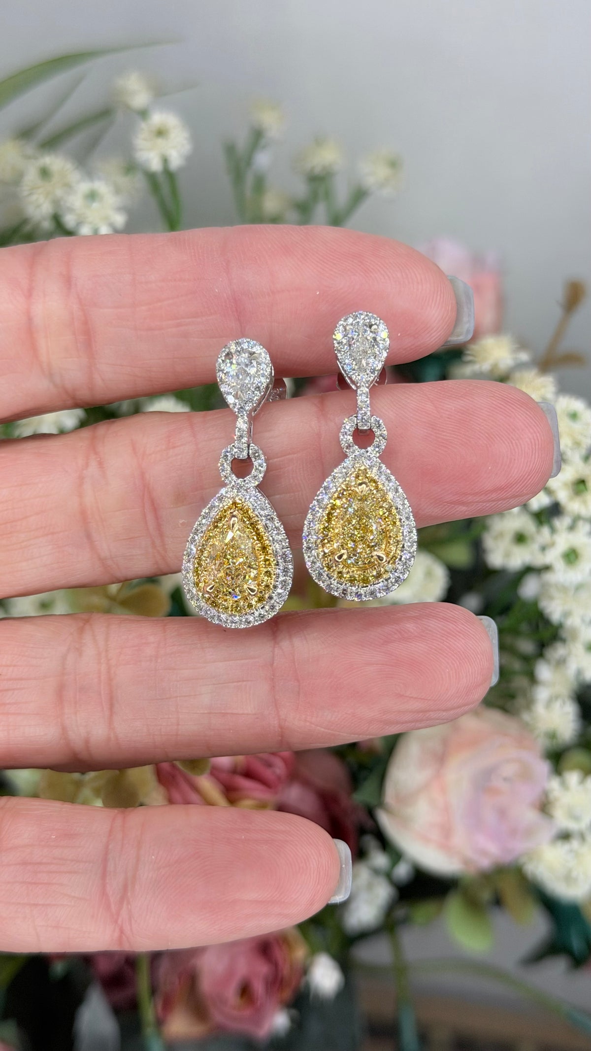 GIA Natural Fancy Yellow Diamond Double Halo Drop Earrings in White Gold