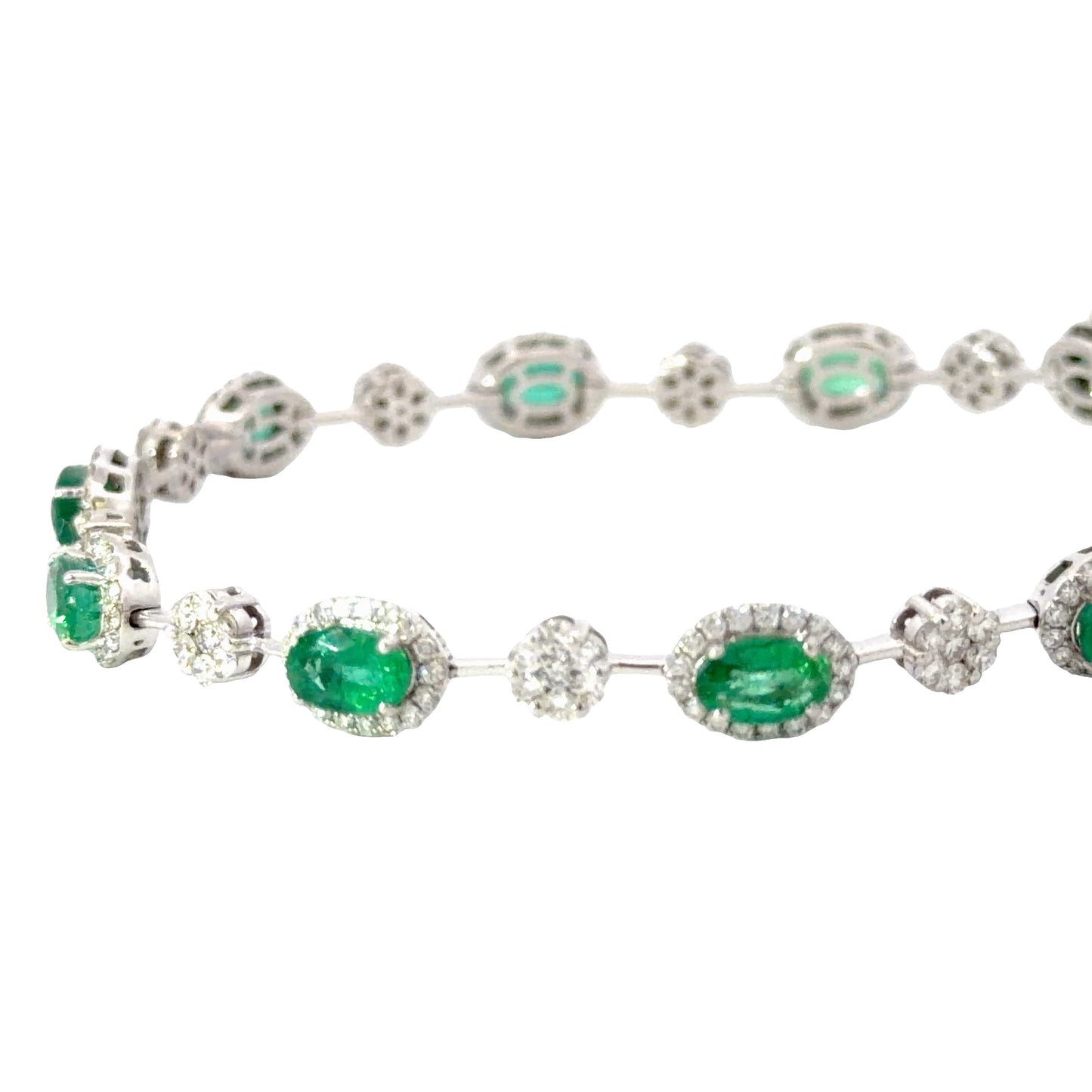 18K White Gold Tennis Bracelet with Natural Oval Emeralds and diamonds