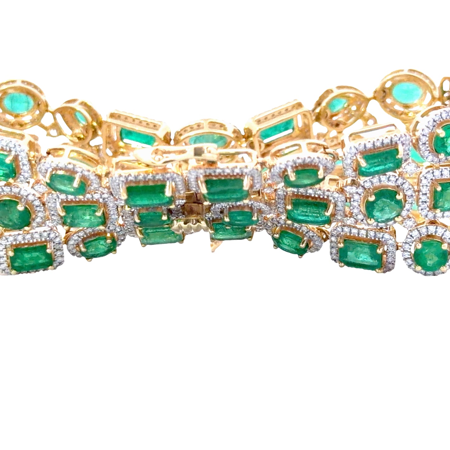 Natural Multi shape Emerald and Diamonds Halo Mosaic Bracelet in Yellow Gold