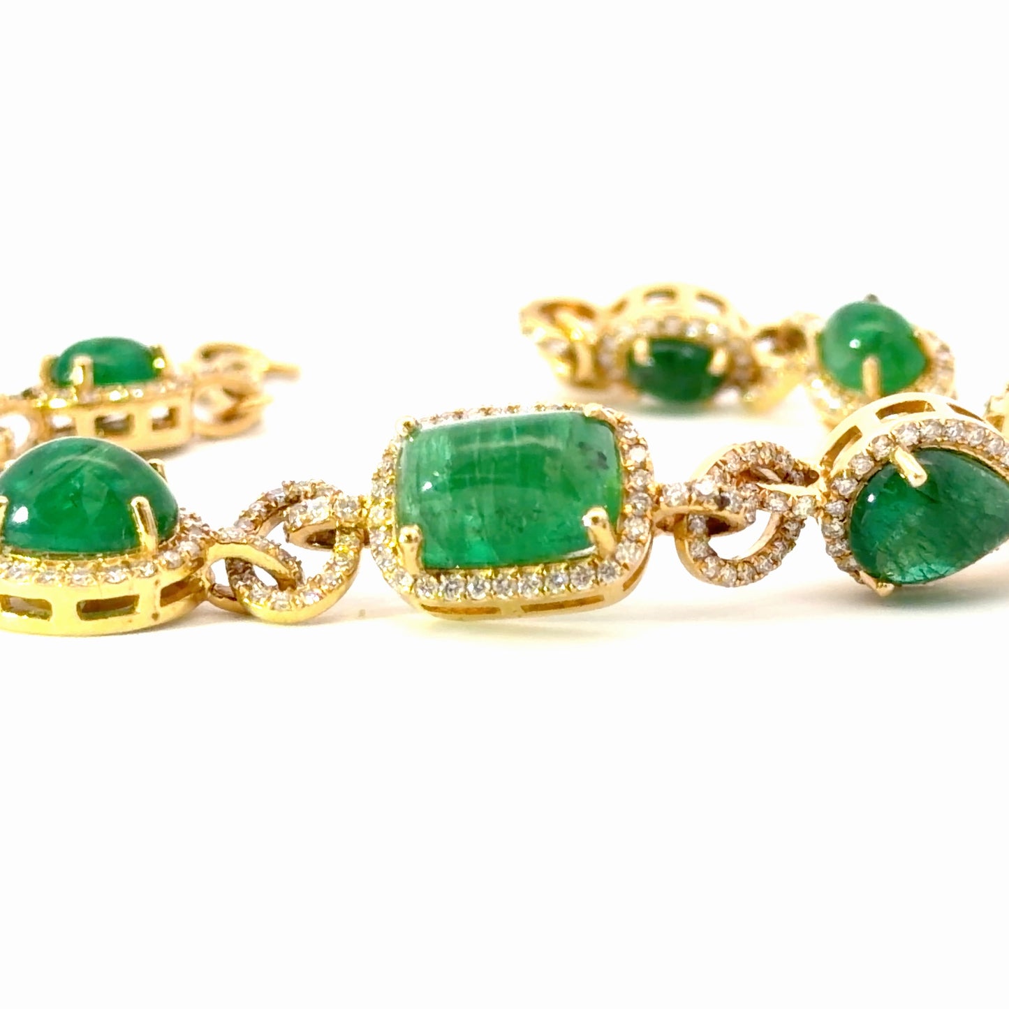 Natural Cabochon Emerald Halo Chain Bracelet in Yellow Gold