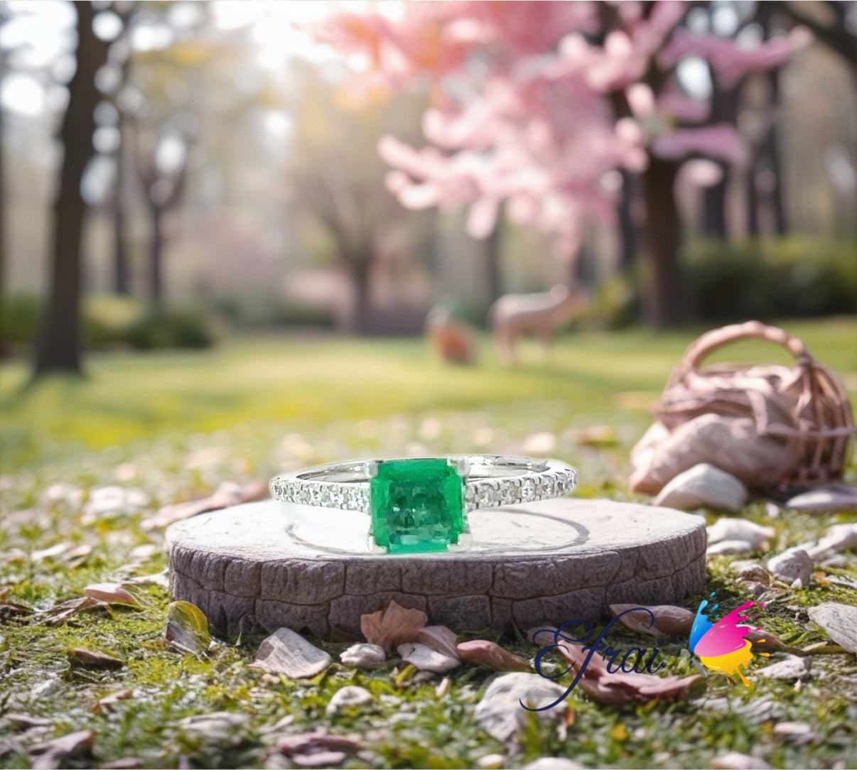Natural green emerald and diamonds ring