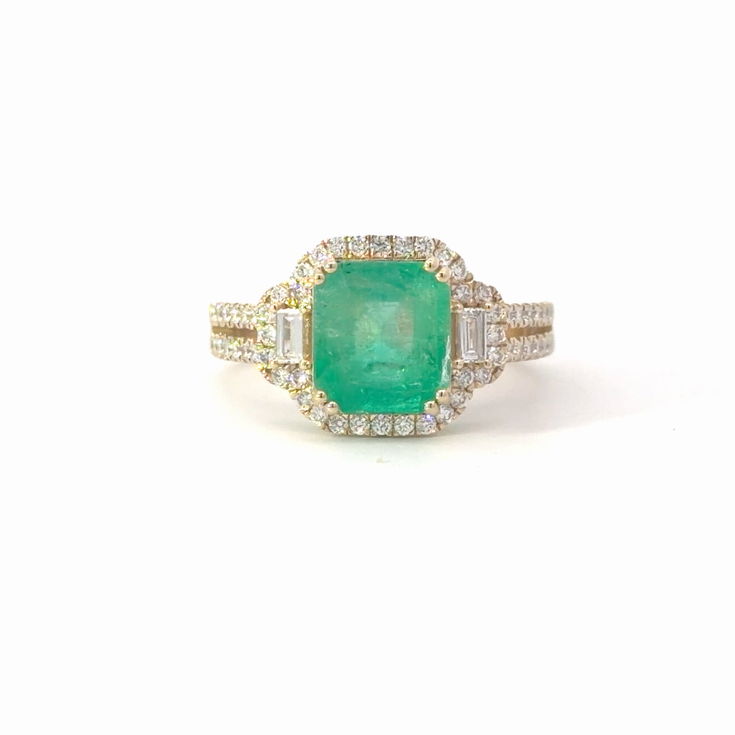 Yellow Gold natural Colombian Emerald and Diamond Halo Split Shank Ring