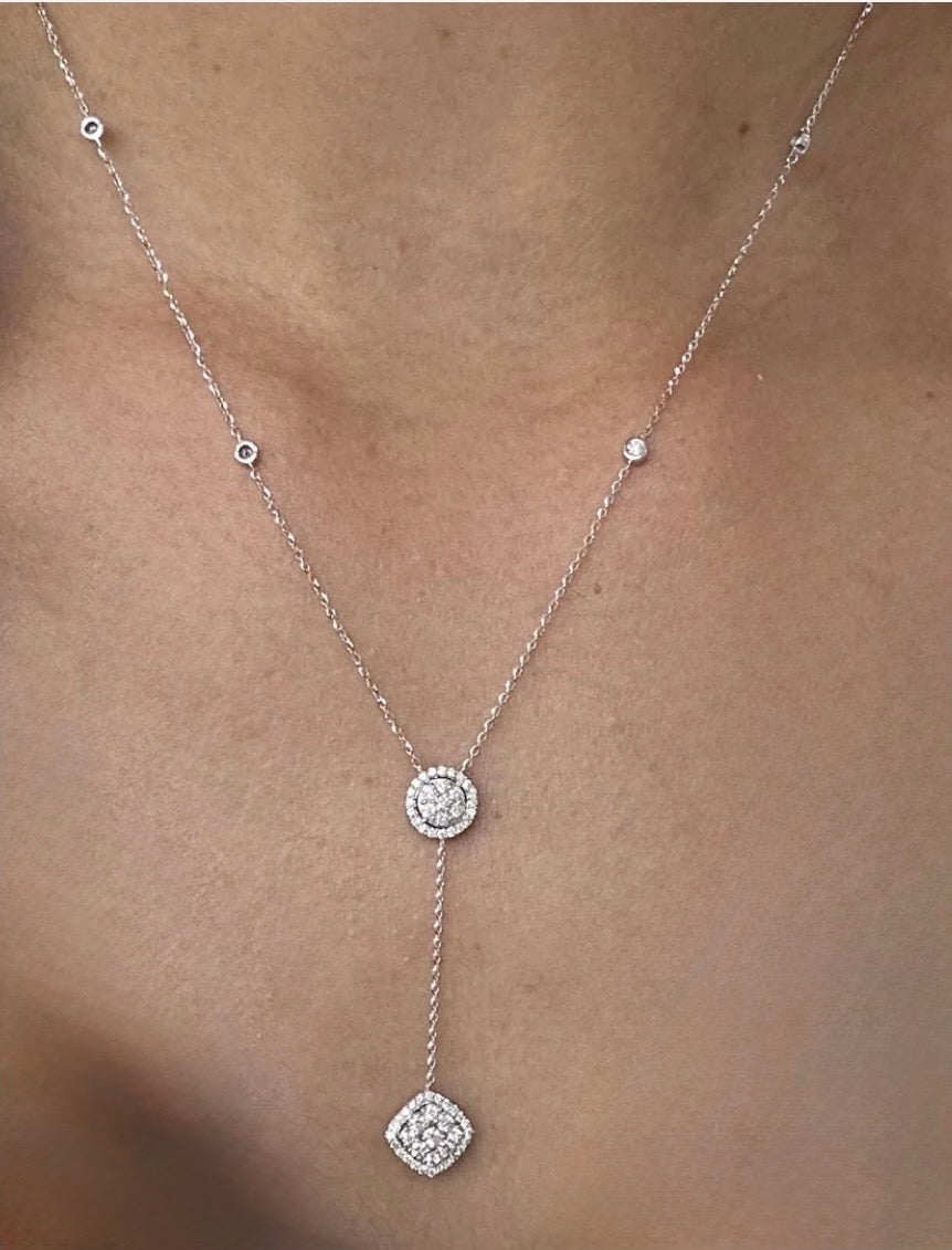 Diamonds lariat necklace double squares design