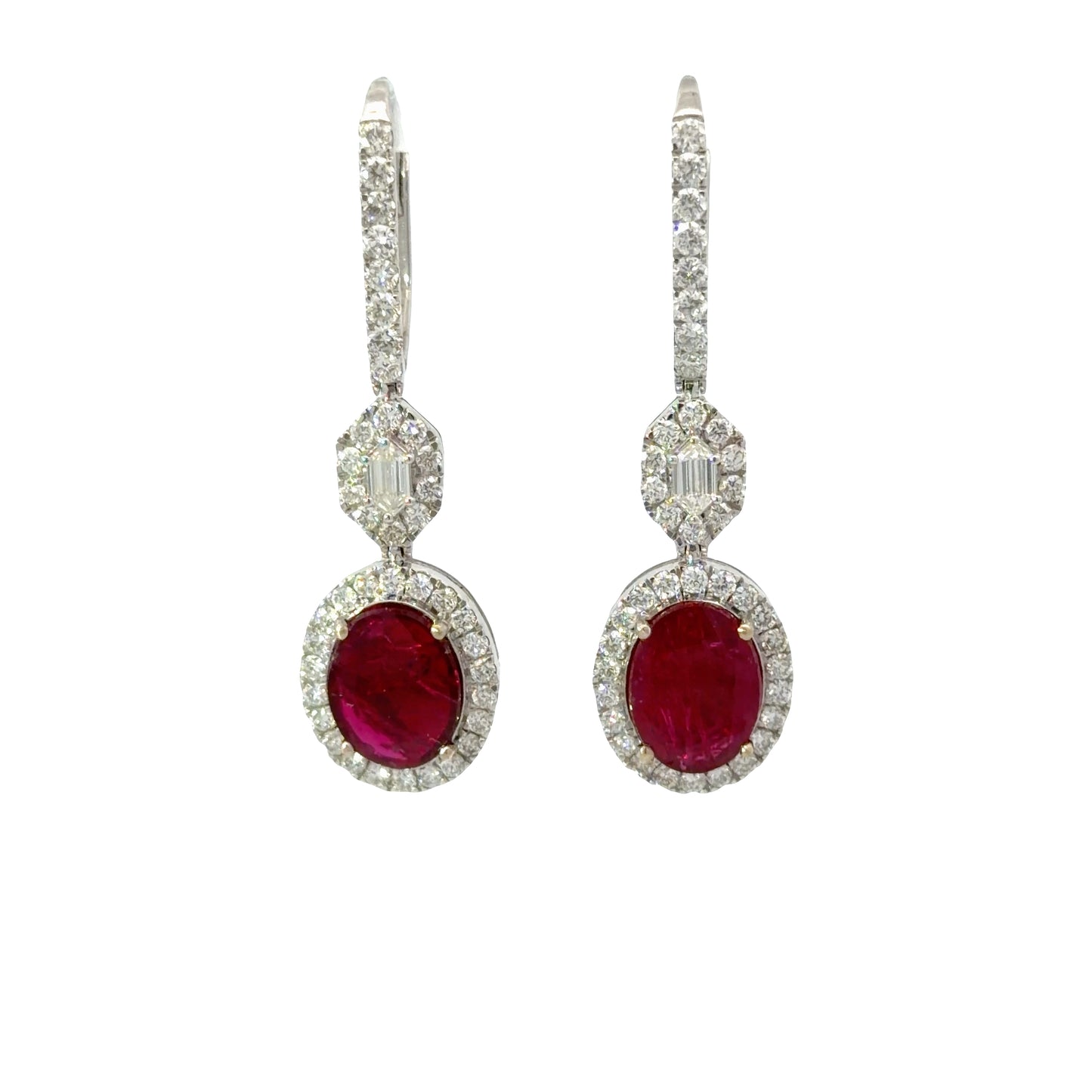 GIA No heat, Dazzling 18K white gold Dangle Earrings with Natural Oval Ruby and Diamonds