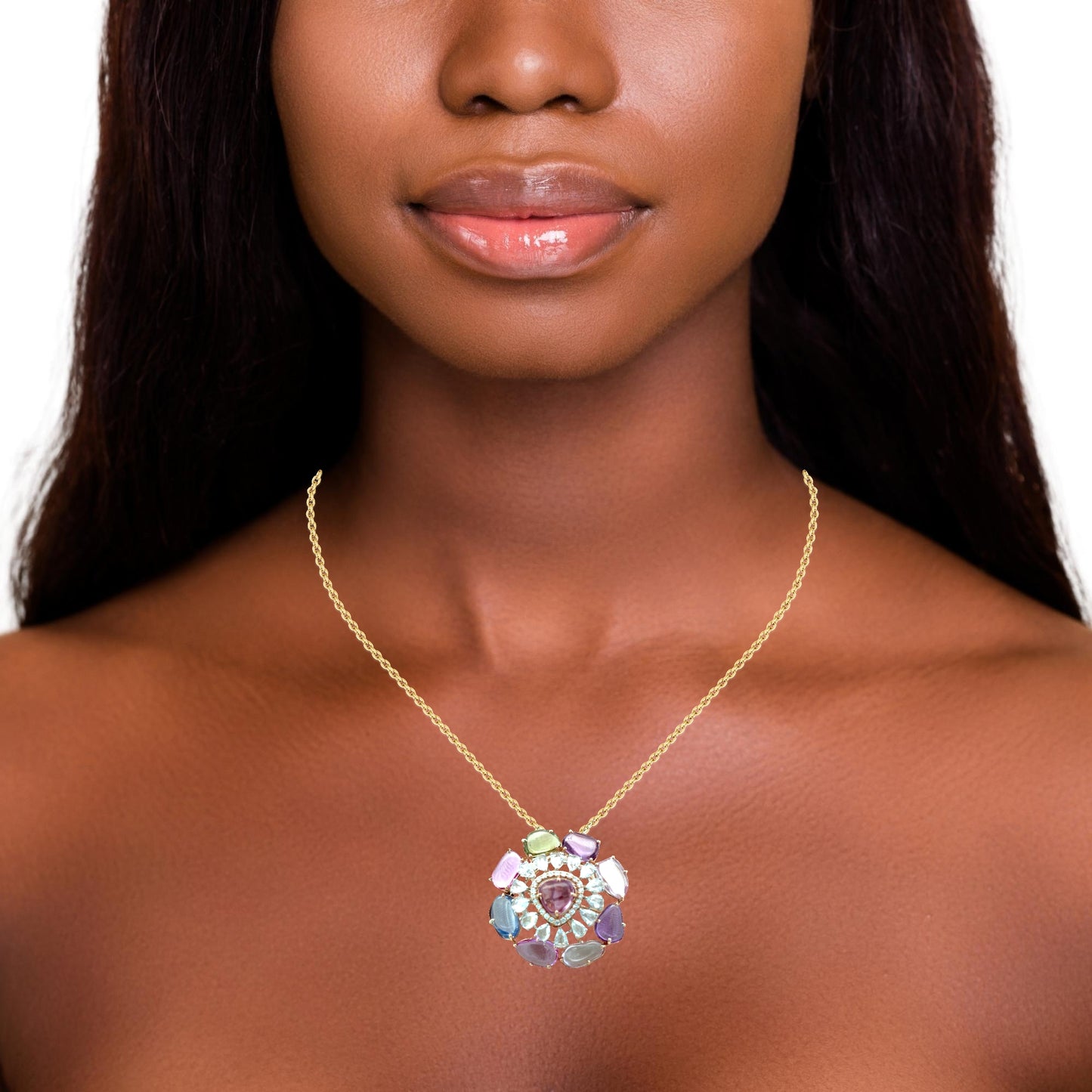 Certified No heat Mixed colored Natural Sapphires Statement Pendant/Pin Necklace