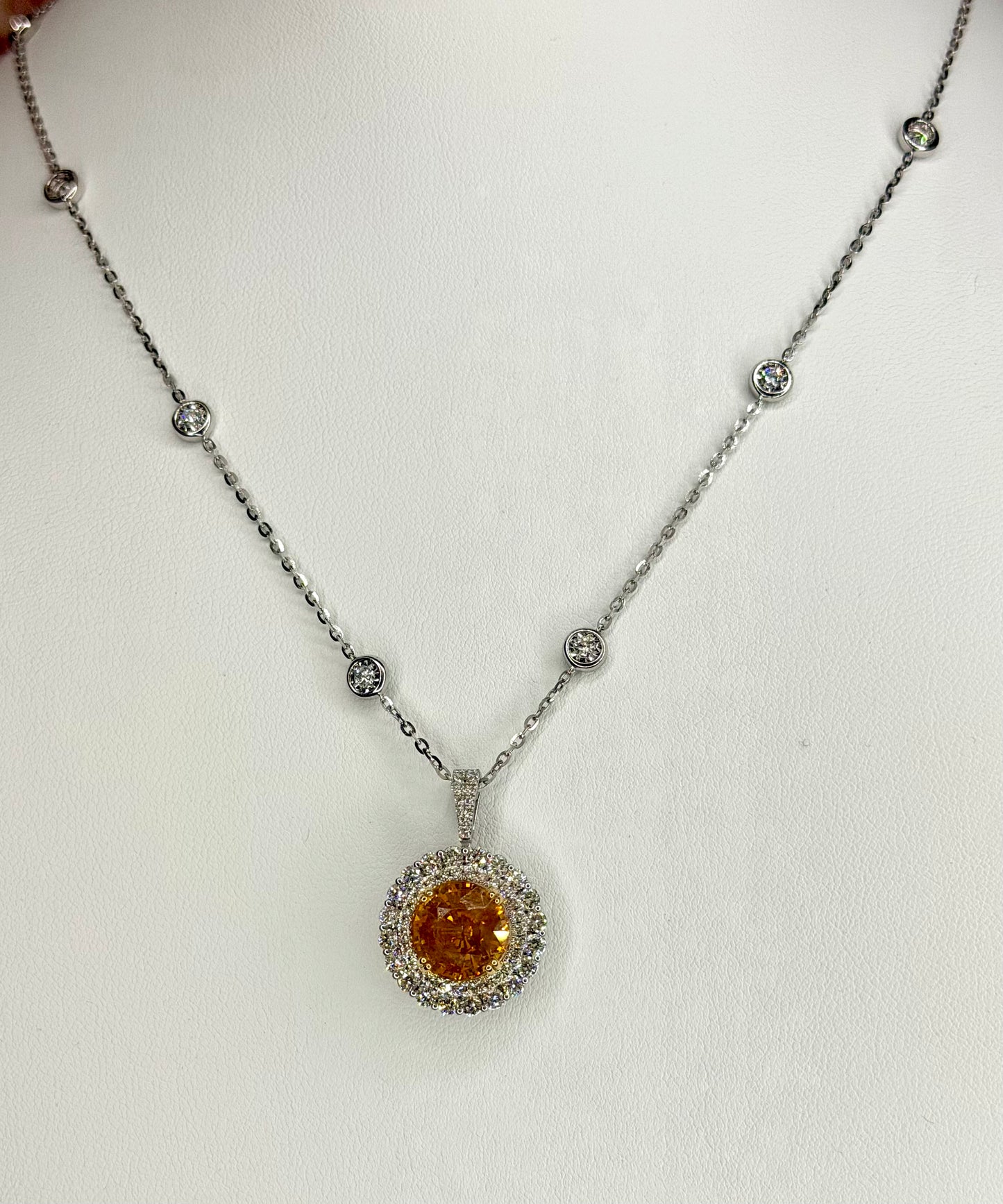 Natural Yellow Orange round sapphire Double Halo Necklace in White Gold