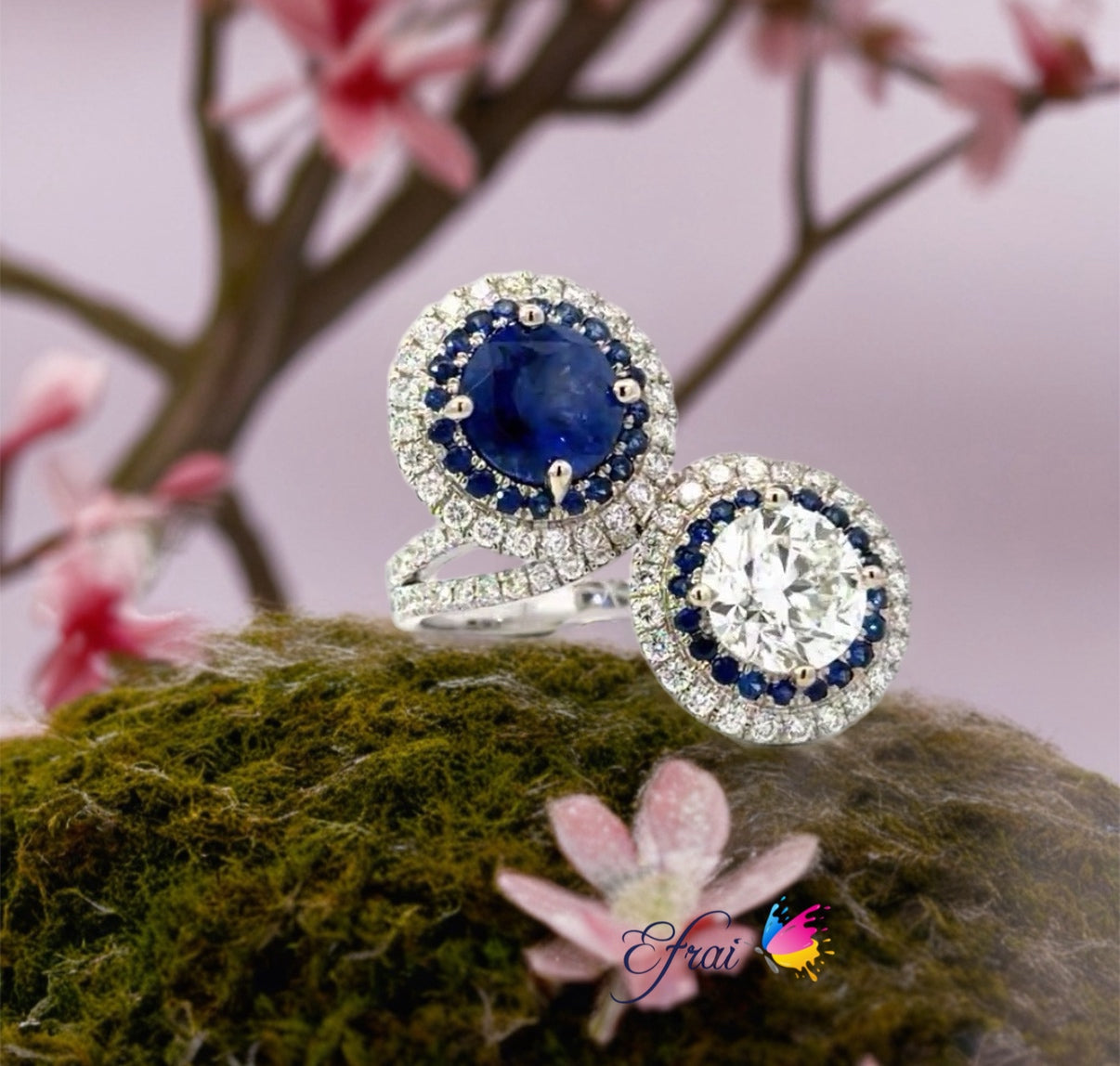 Uniquely handmade 18K White Gold Diamond and Deep Blue Sapphire Double Stone Ring