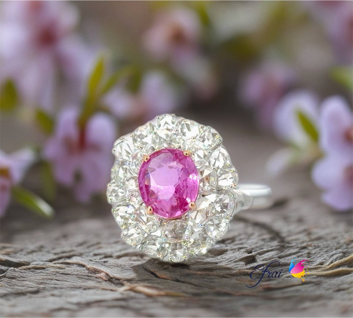 Certified No Heat Natural Vivid Pink Sapphire Double Halo Cocktail Ring — White Gold