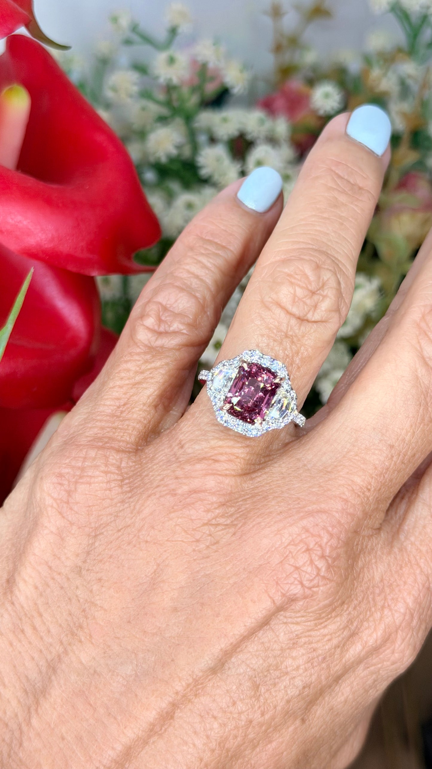 Natural Pink Padparadscha sapphire and diamonds ring