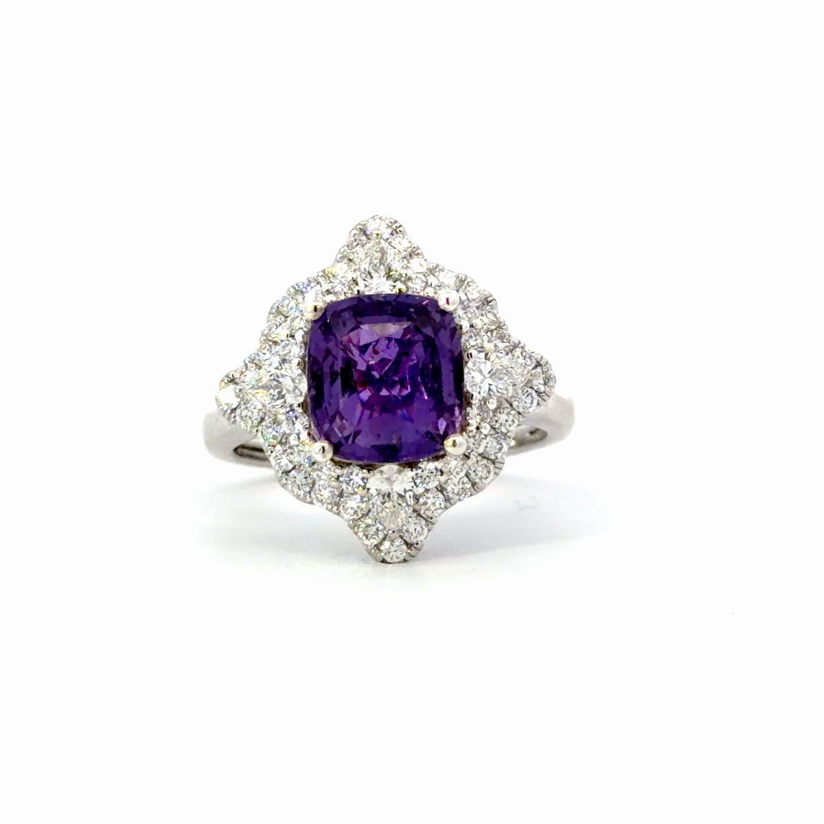 Natural Cushion-Cut Purple Sapphire Geometric Halo Cocktail Ring in White Gold