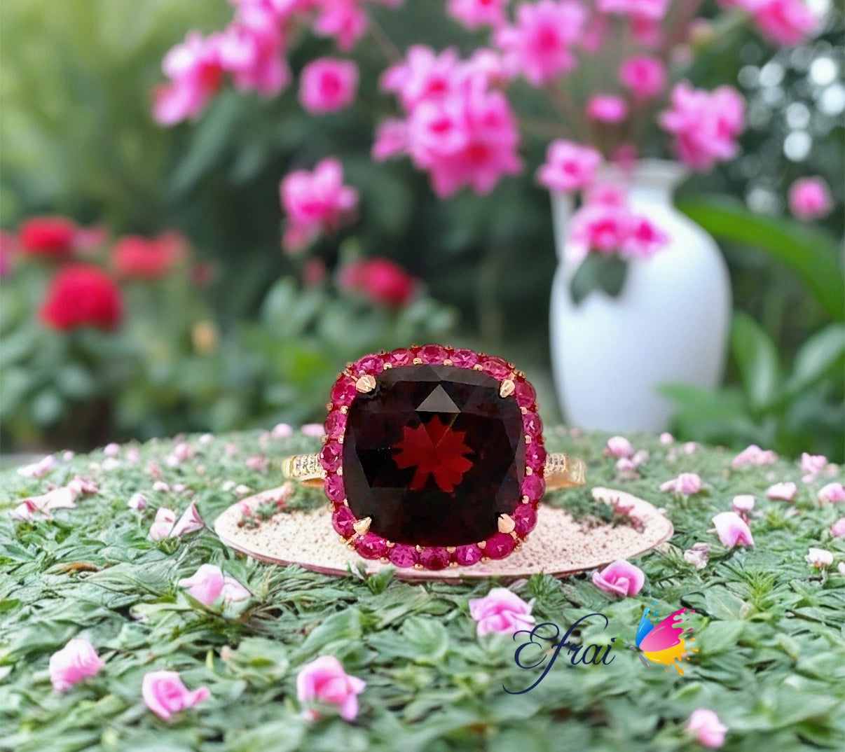 Gorgeous natural deep burgundy garnet diamonds ring