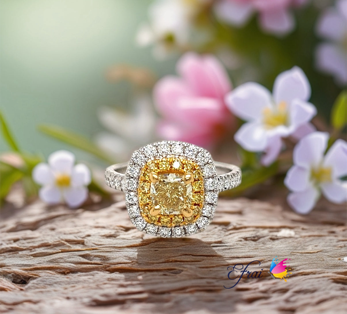 Natural Fancy Yellow cushion diamond ring