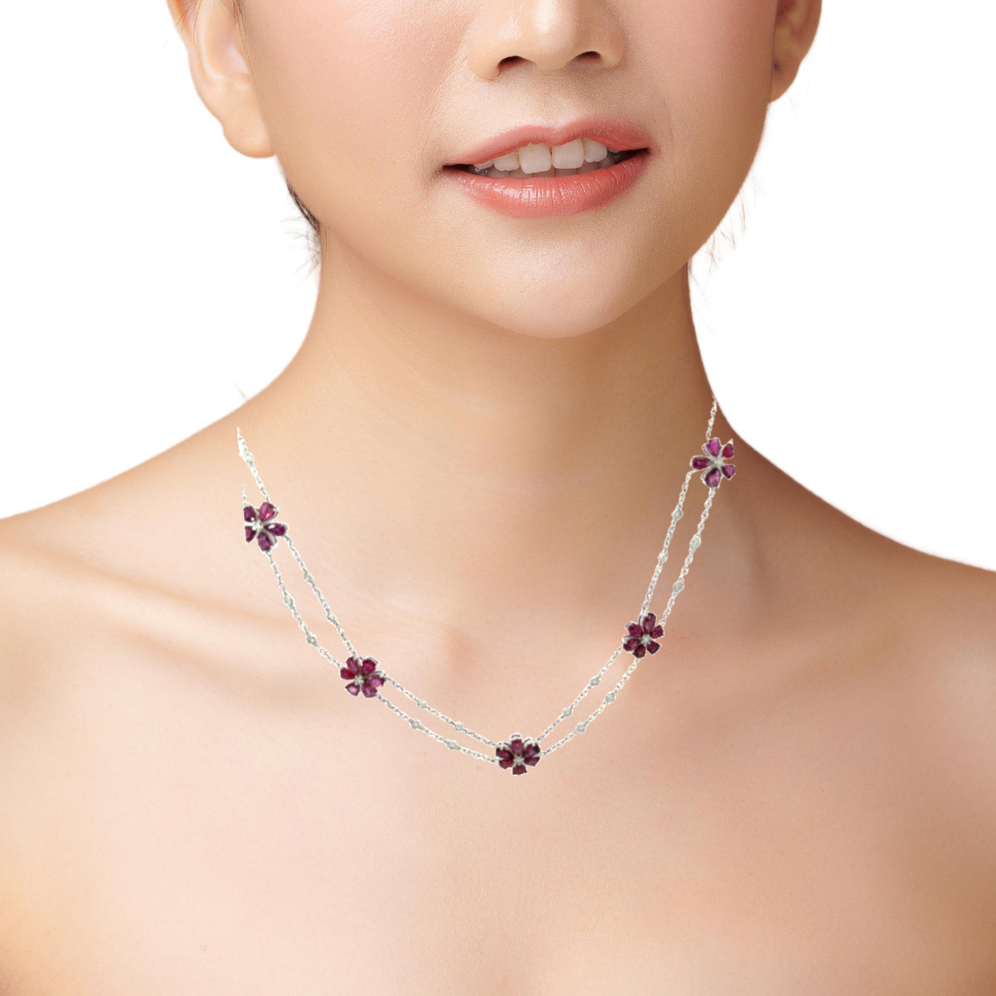 Natural red rubies flowers motif and diamonds necklace