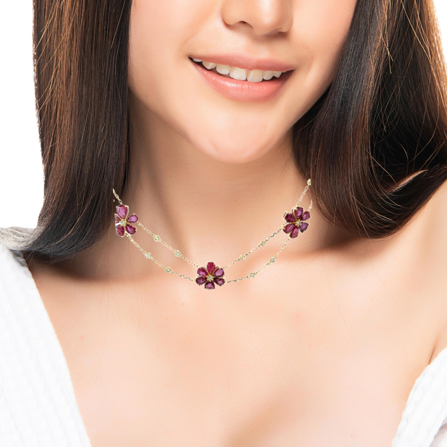 Gorgeous flowers of rubies and diamonds necklace