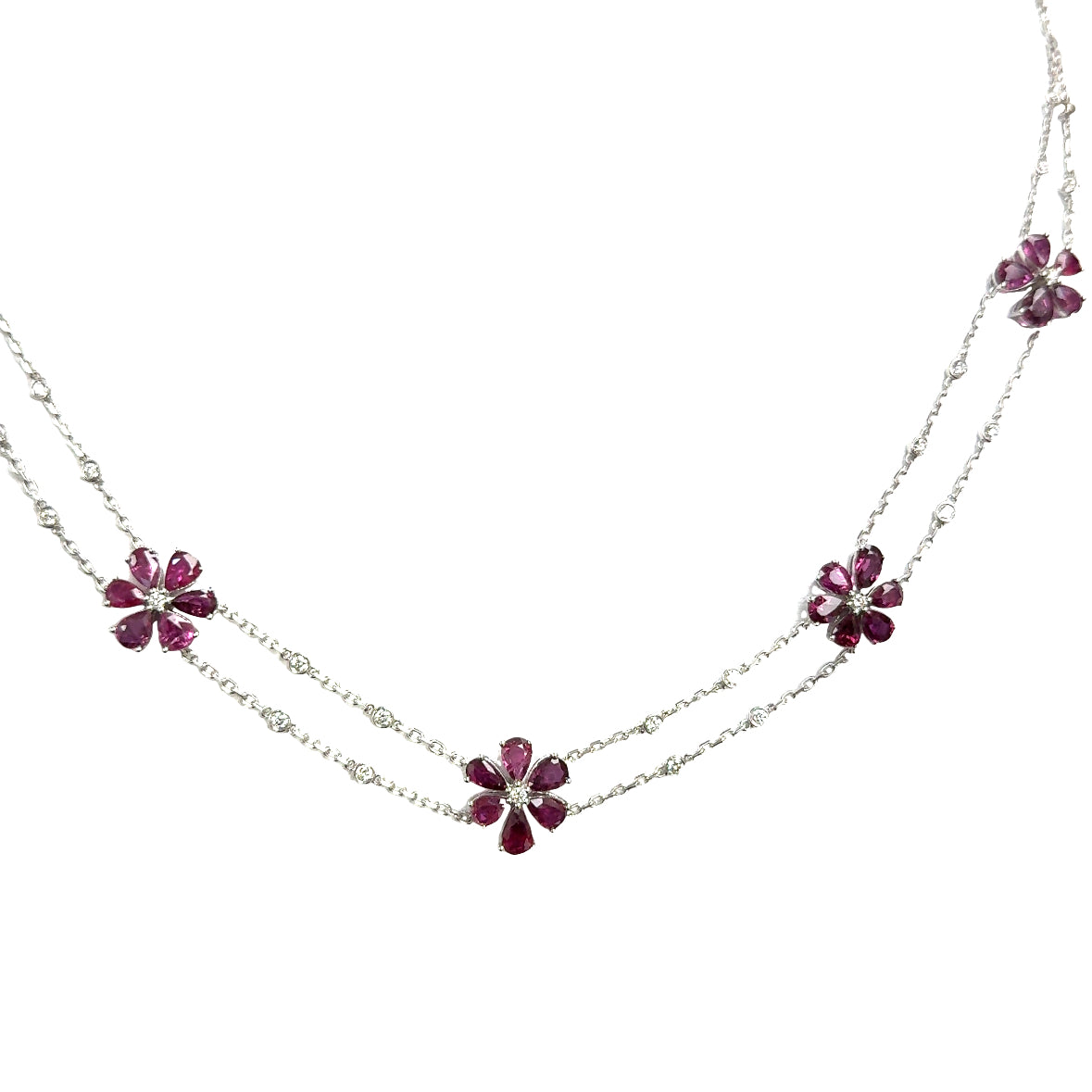 Natural red rubies flowers motif and diamonds necklace