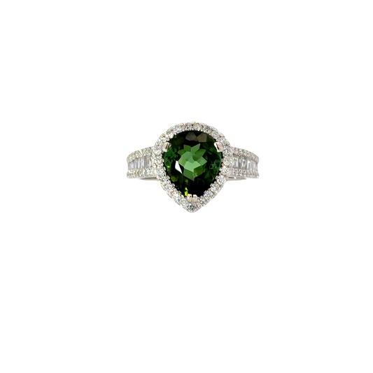 Natural pear shape Mint green tourmaline and diamonds ring