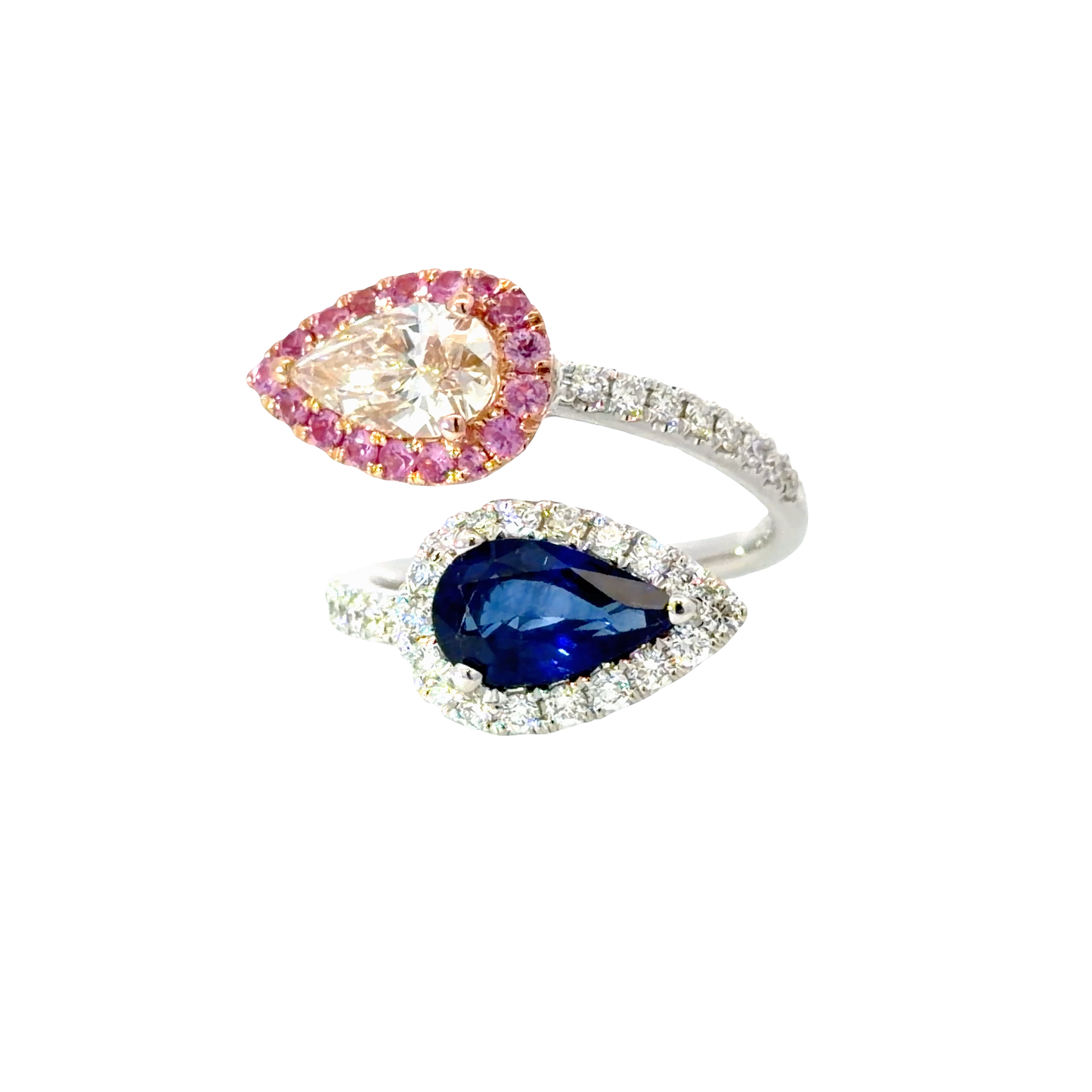 18K White and Rose gold Ring with Natural Deep Blue Pear Sapphire and diamond Pear shape