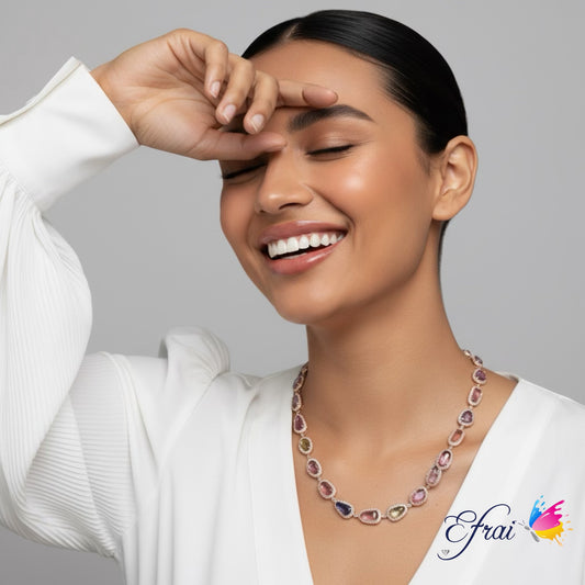 14K Rose Gold Necklace with certified Natural mixed colors sapphires Cabochons and diamonds