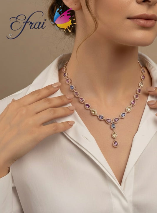18k Rose Gold Necklace with Natural mixed colors Pear-Shaped Sapphires and diamonds