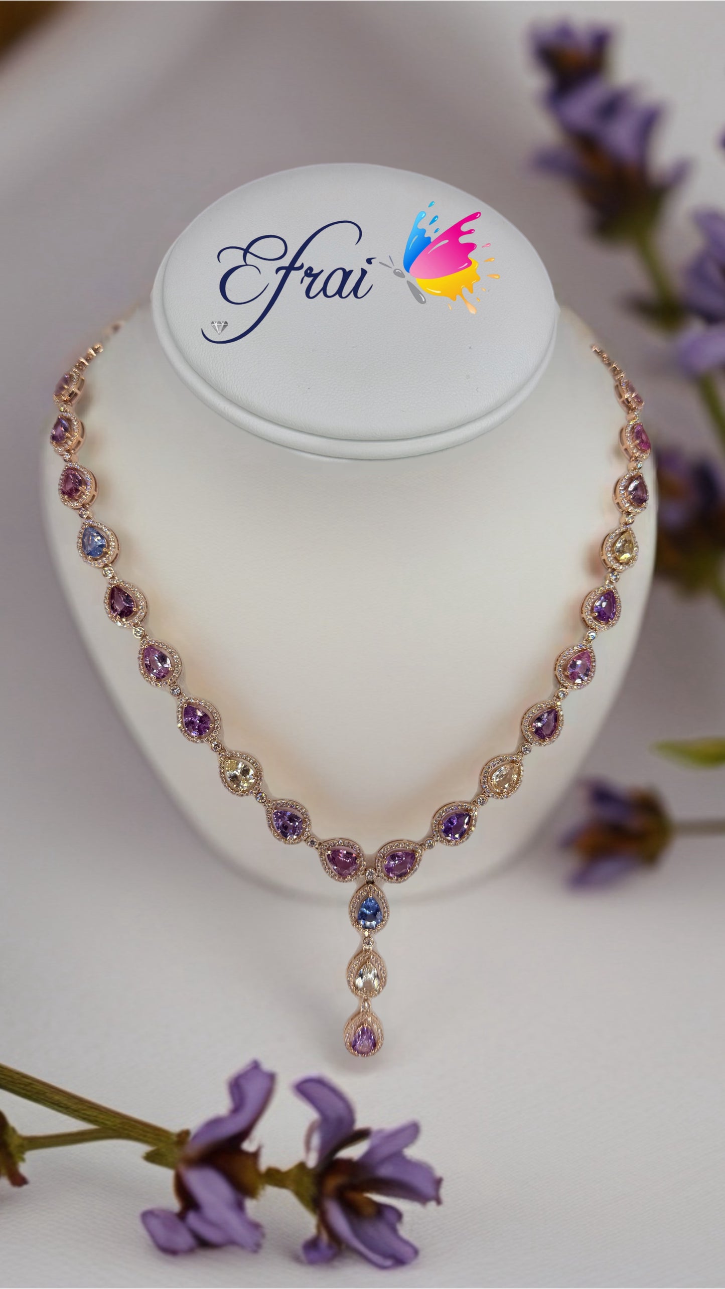 18k Rose Gold Necklace with Natural mixed colors Pear-Shaped Sapphires and diamonds