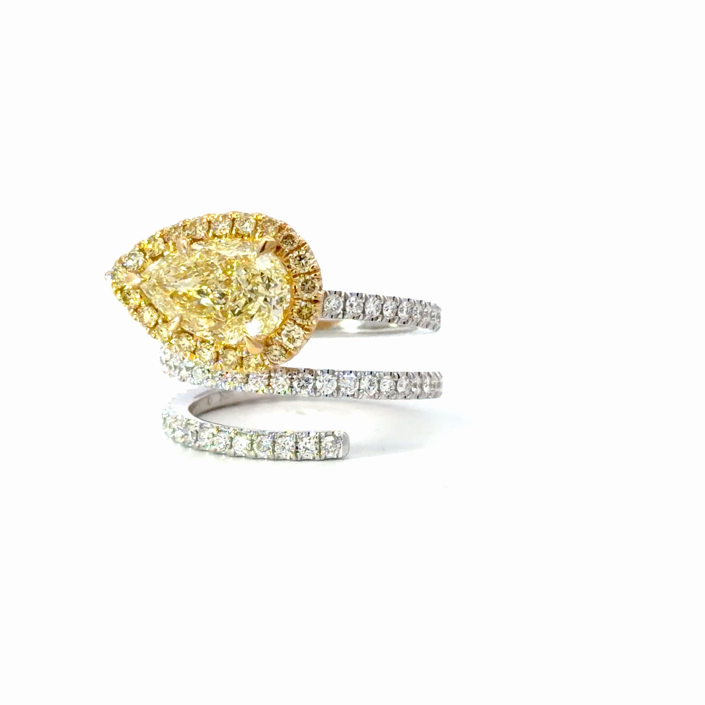 Natural Yellow Diamond Pear Halo Spiral Cocktail Ring