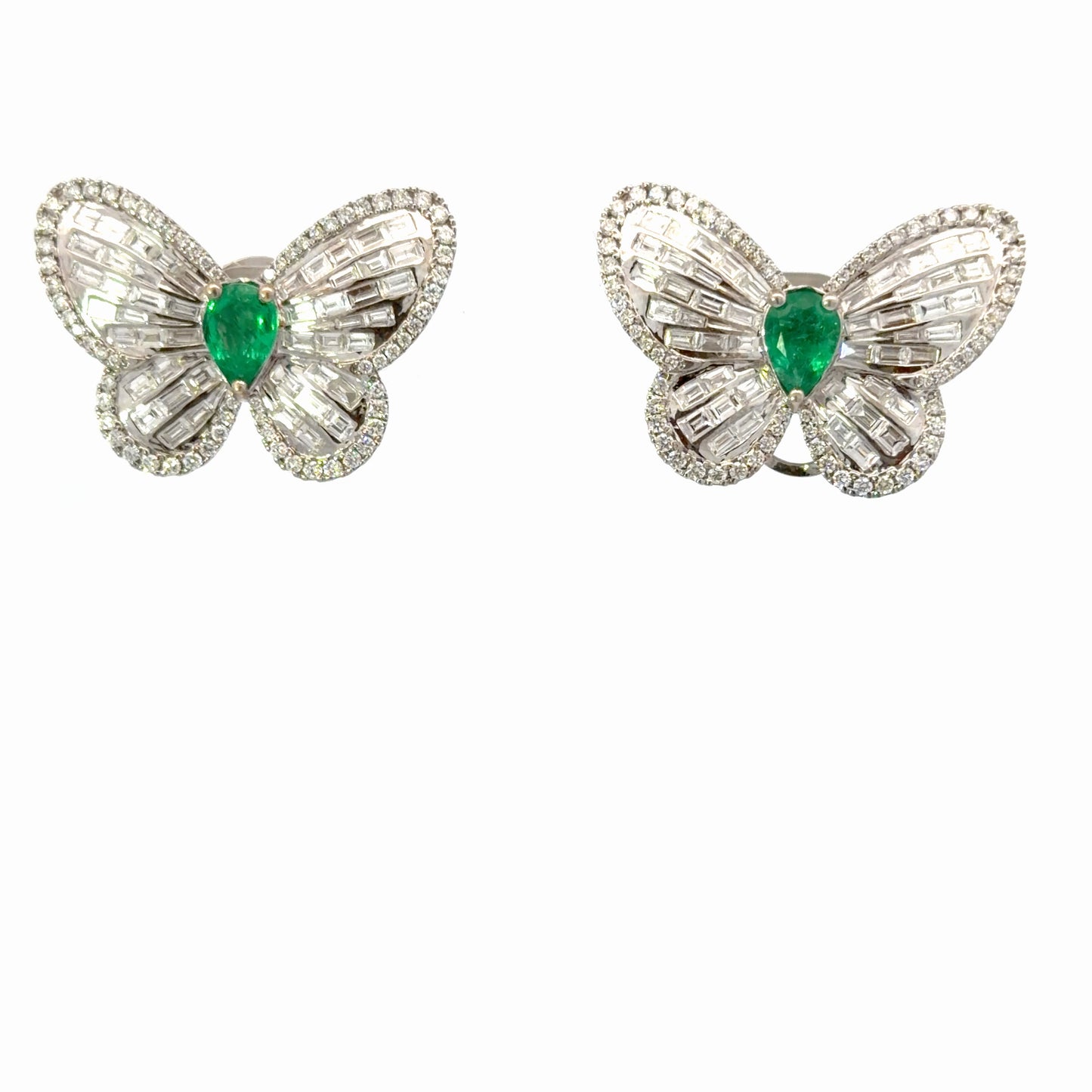 Unique 18K White Gold Natural Emeralds and diamonds Butterfly Stud Earrings