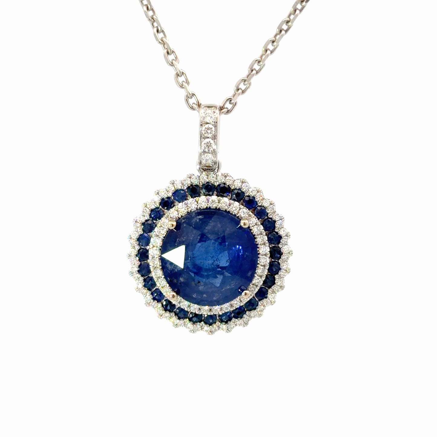 Natural Royal Blue Sapphire and Diamond Halo Pendant — White Gold